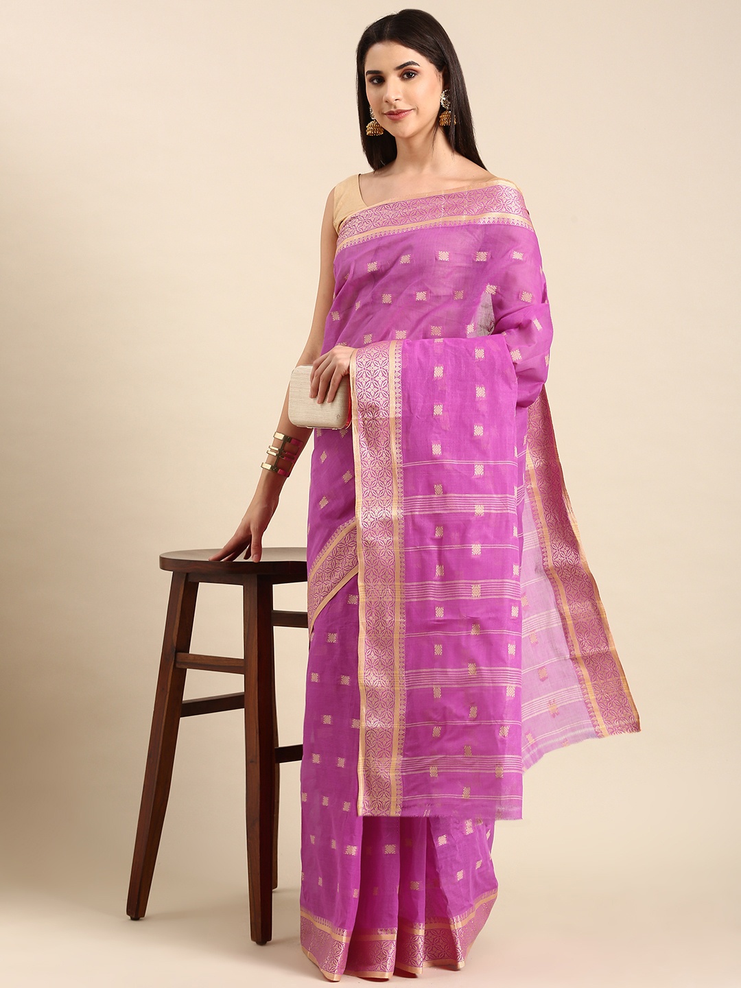 

swatika Woven Design Pure Cotton Taant Saree, Purple