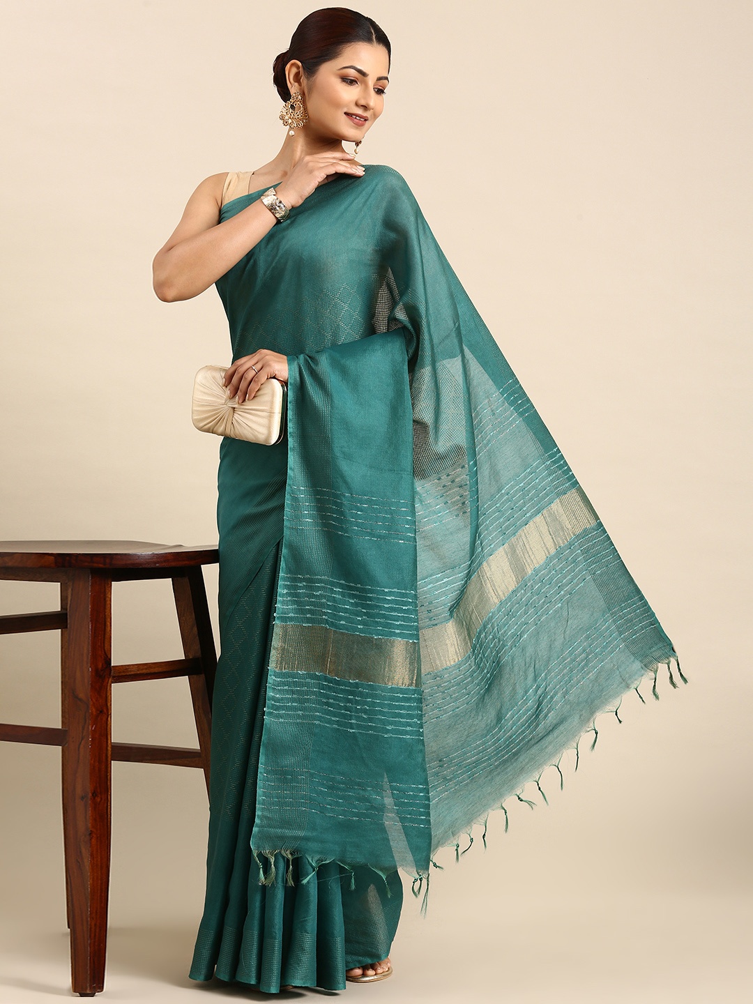 

swatika Woven Design Zari Silk Blend Bhagalpuri Saree, Green