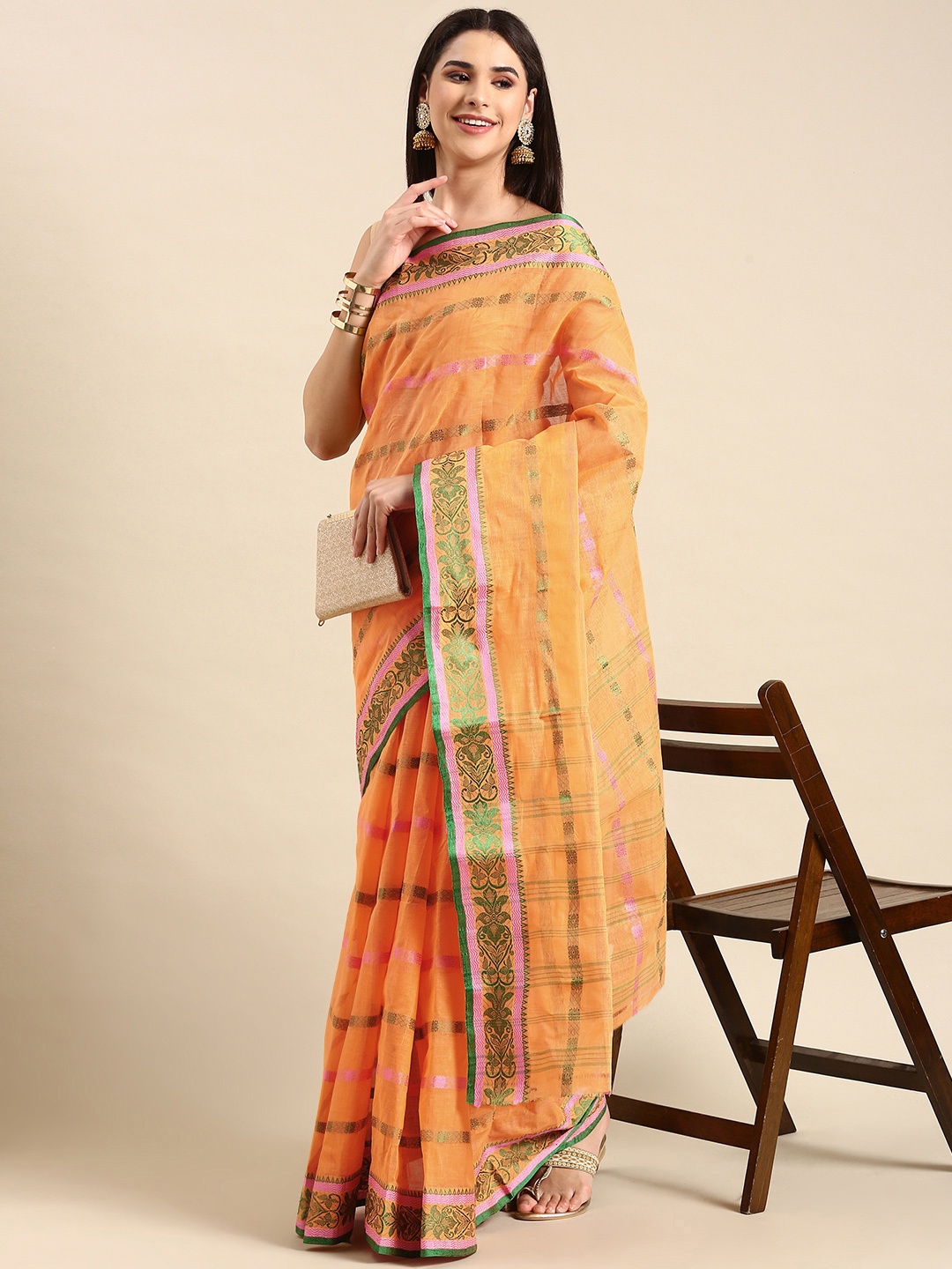 

swatika Woven Design Pure Cotton Taant Saree, Orange