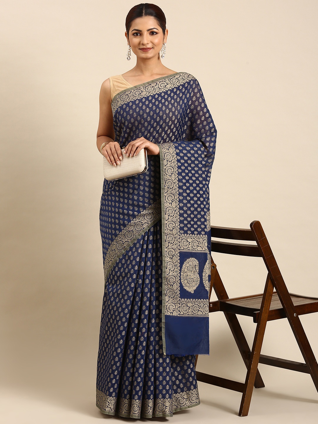 

swatika Woven Design Zari Silk Blend Banarasi Saree, Blue