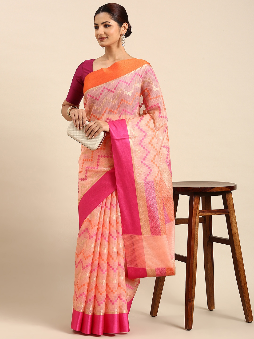 

swatika Woven Design Zari Silk Blend Banarasi Saree, Peach