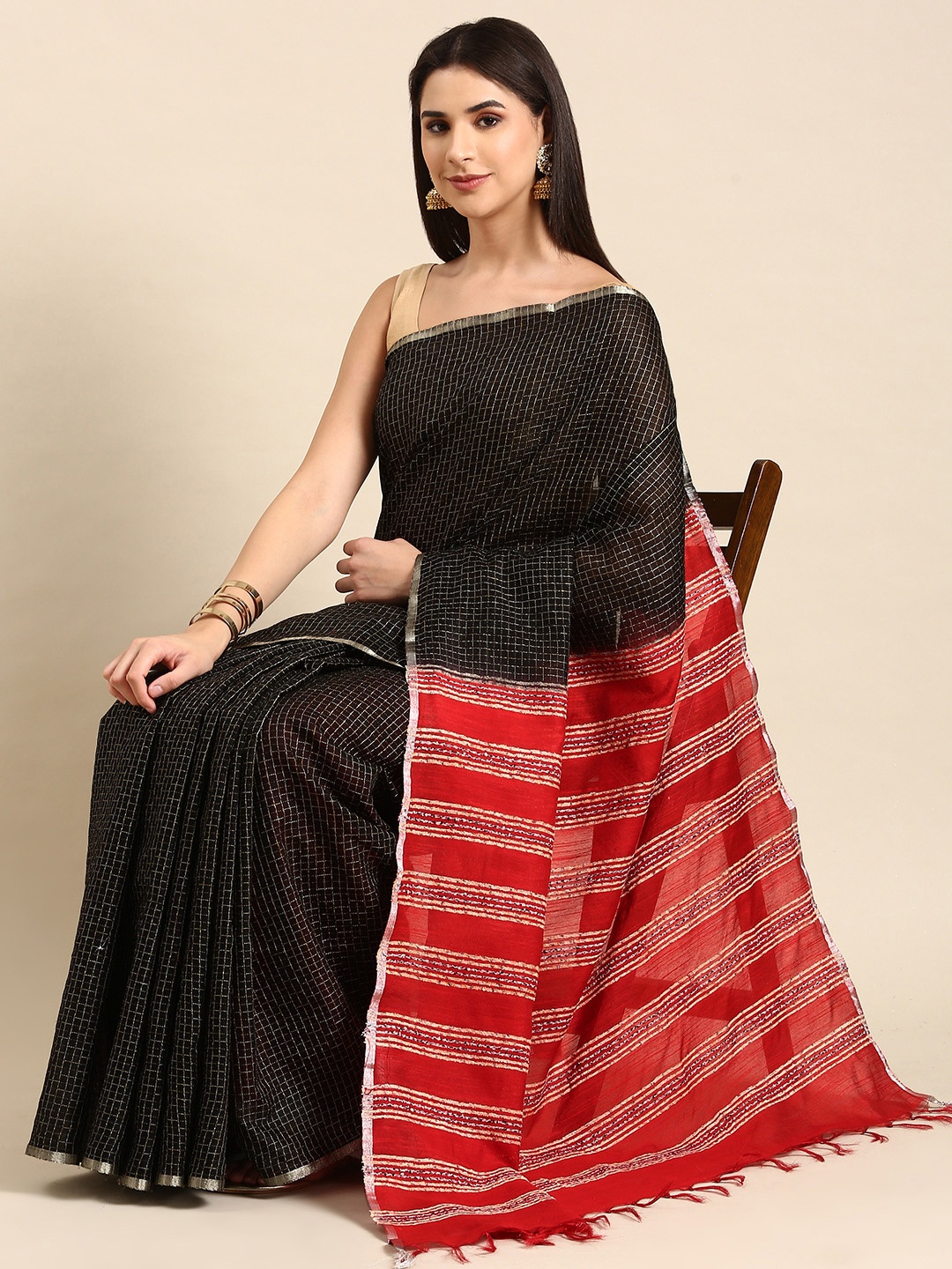 

swatika Woven Design Zari Silk Blend Bhagalpuri Saree, Black