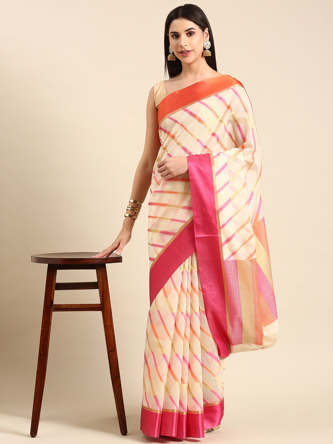 

swatika Woven Design Zari Silk Blend Banarasi Saree, Cream