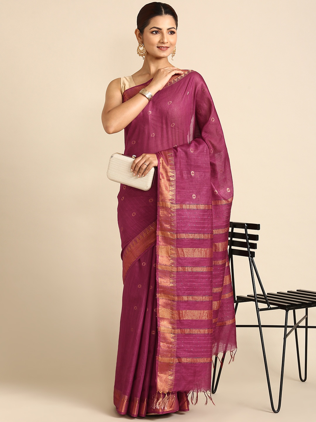 

swatika Woven Design Zari Silk Blend Bhagalpuri Saree, Purple