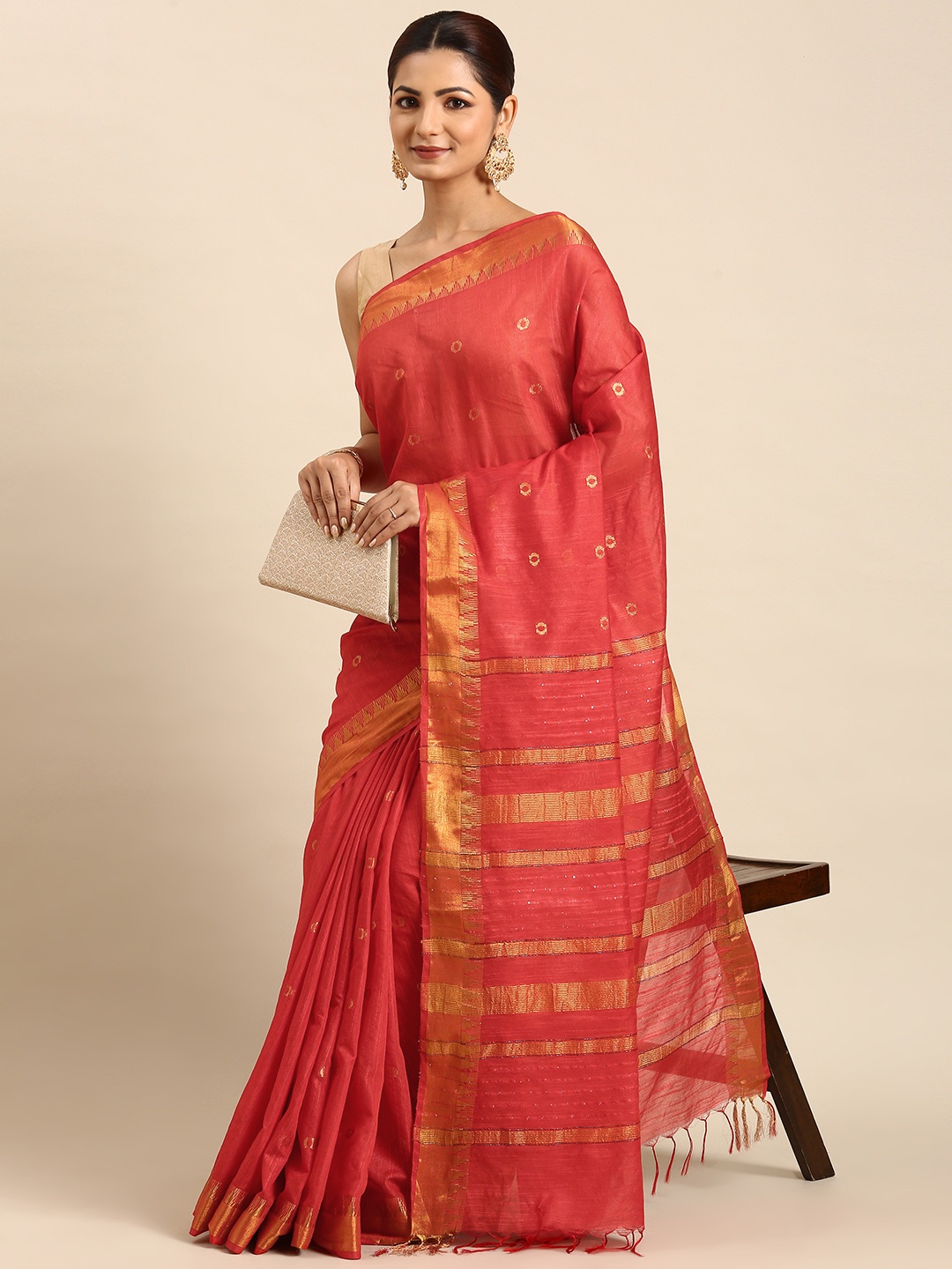 

swatika Woven Design Zari Silk Blend Bhagalpuri Saree, Red