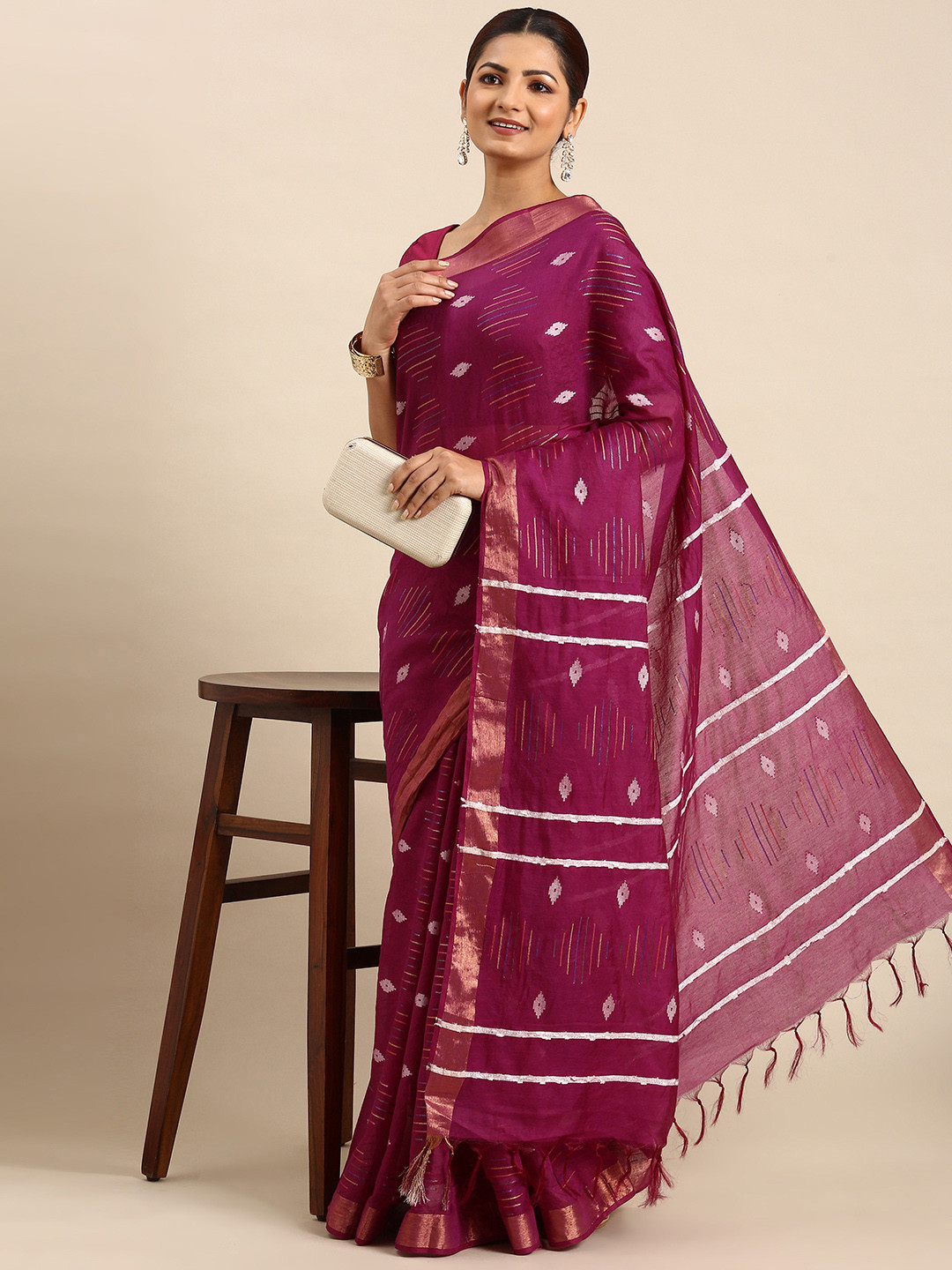 

swatika Woven Design Zari Silk Blend Bhagalpuri Saree, Purple