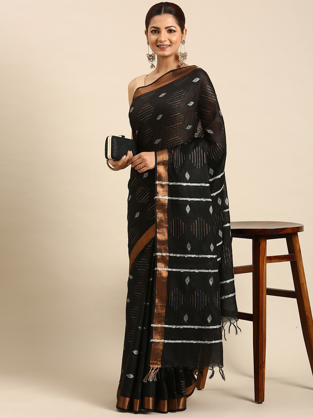 

swatika Woven Design Zari Silk Blend Bhagalpuri Saree, Black