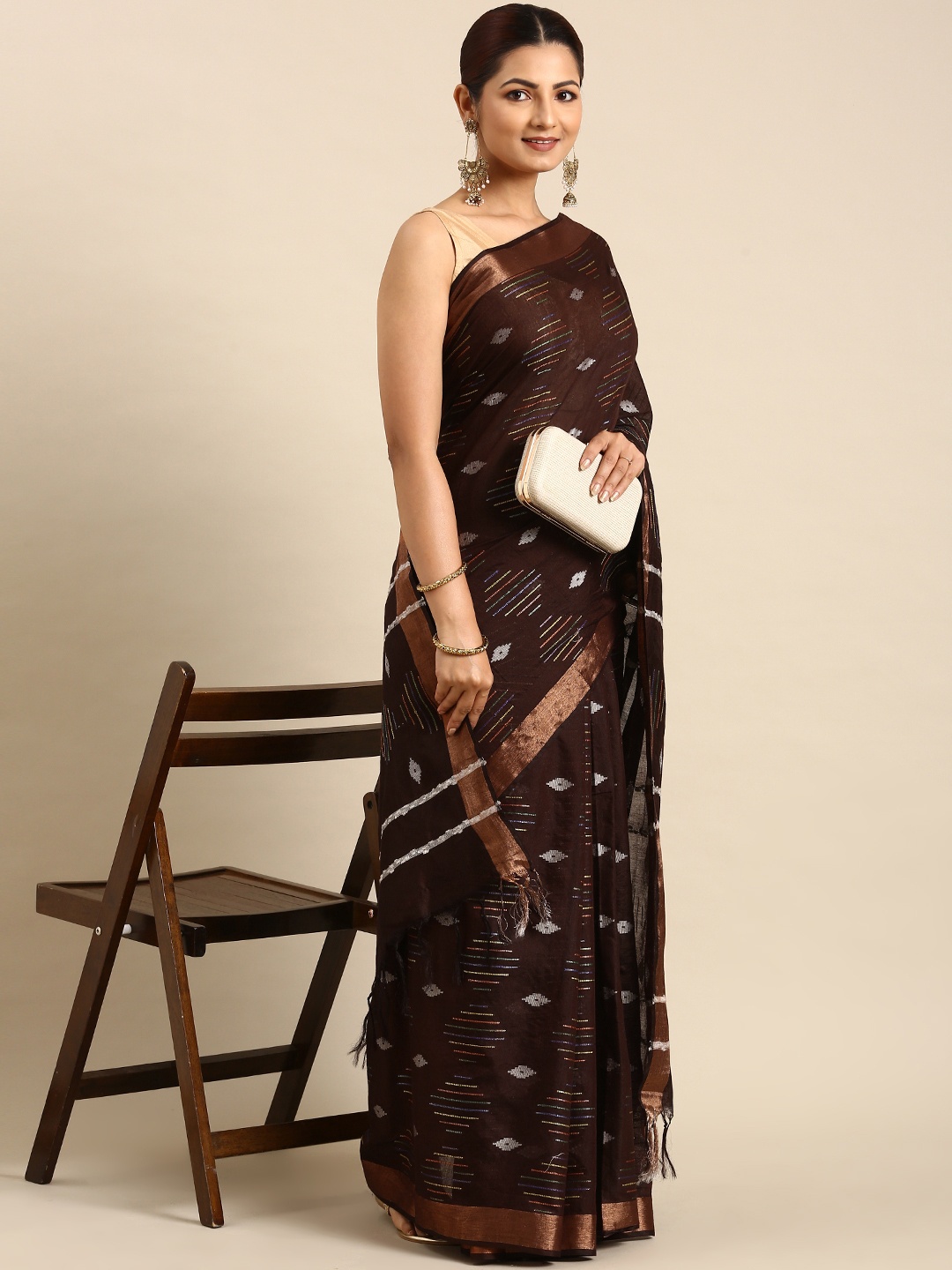 

swatika Woven Design Zari Silk Blend Bhagalpuri Saree, Brown