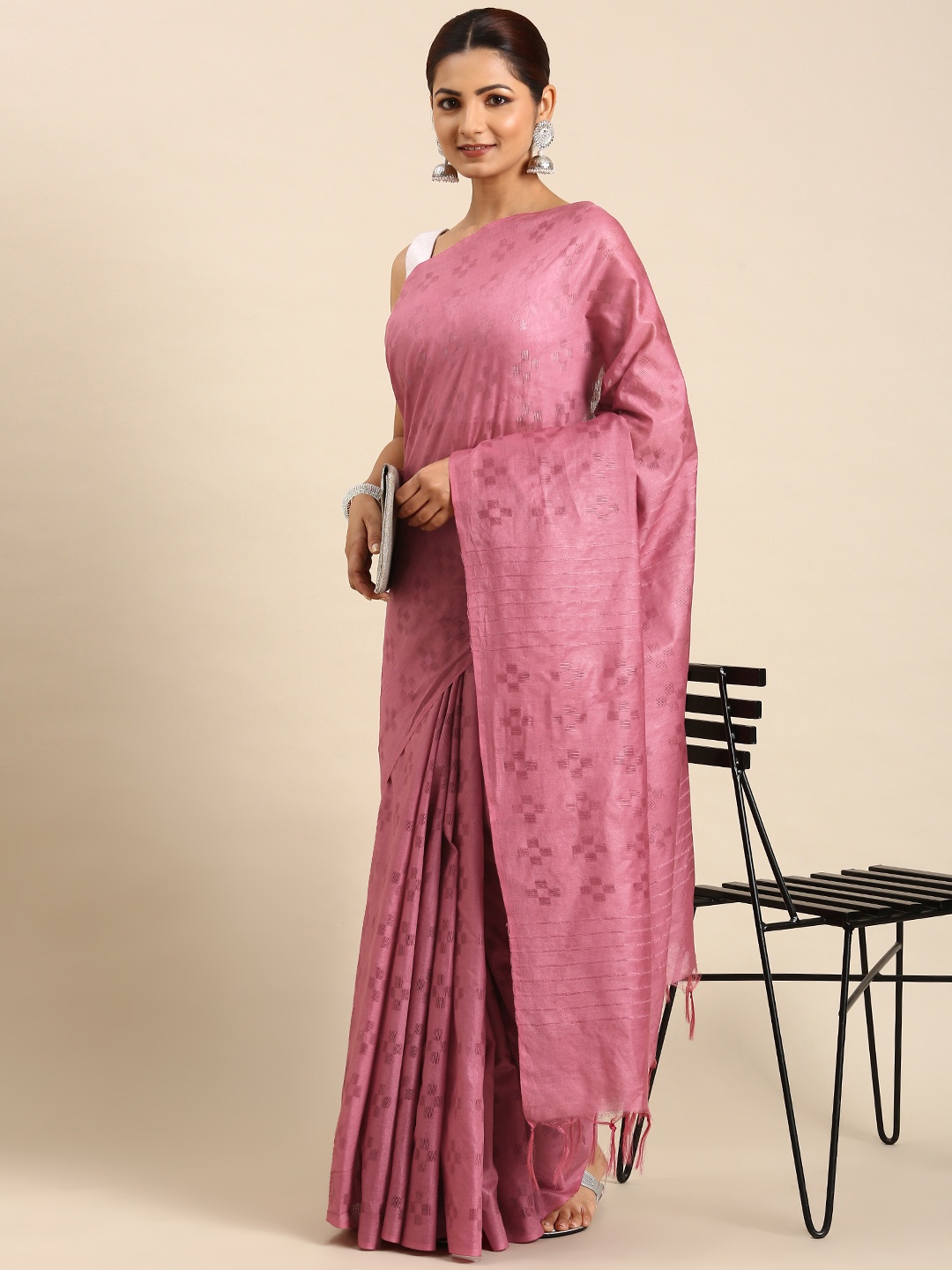 

swatika Woven Design Zari Silk Blend Bhagalpuri Saree, Pink