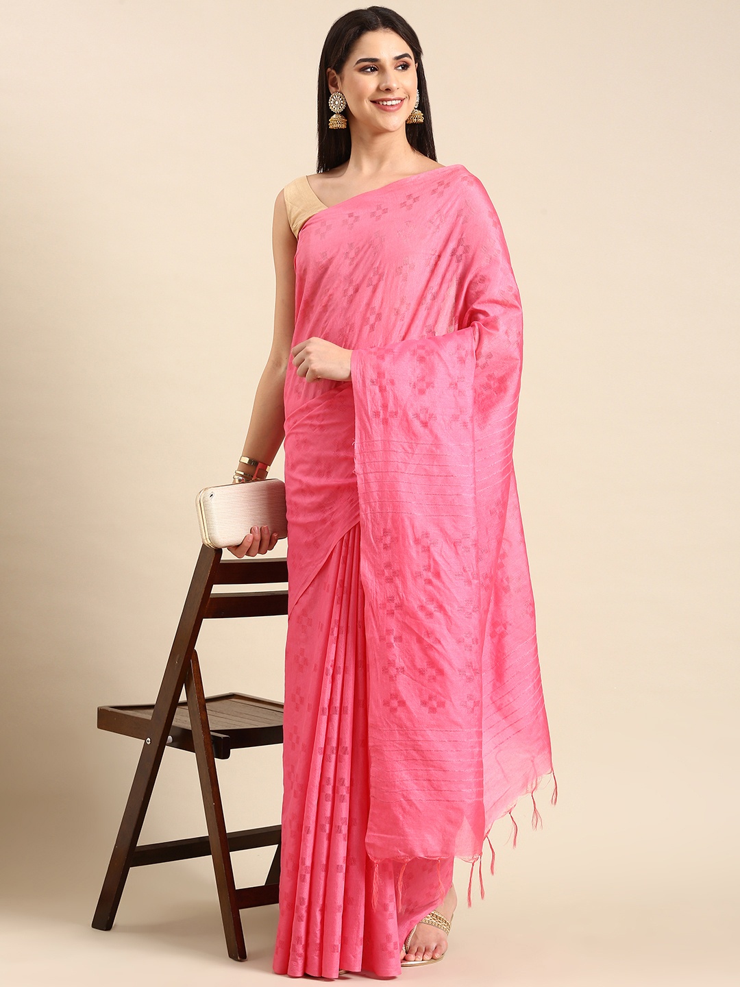 

swatika Woven Design Zari Silk Blend Bhagalpuri Saree, Pink