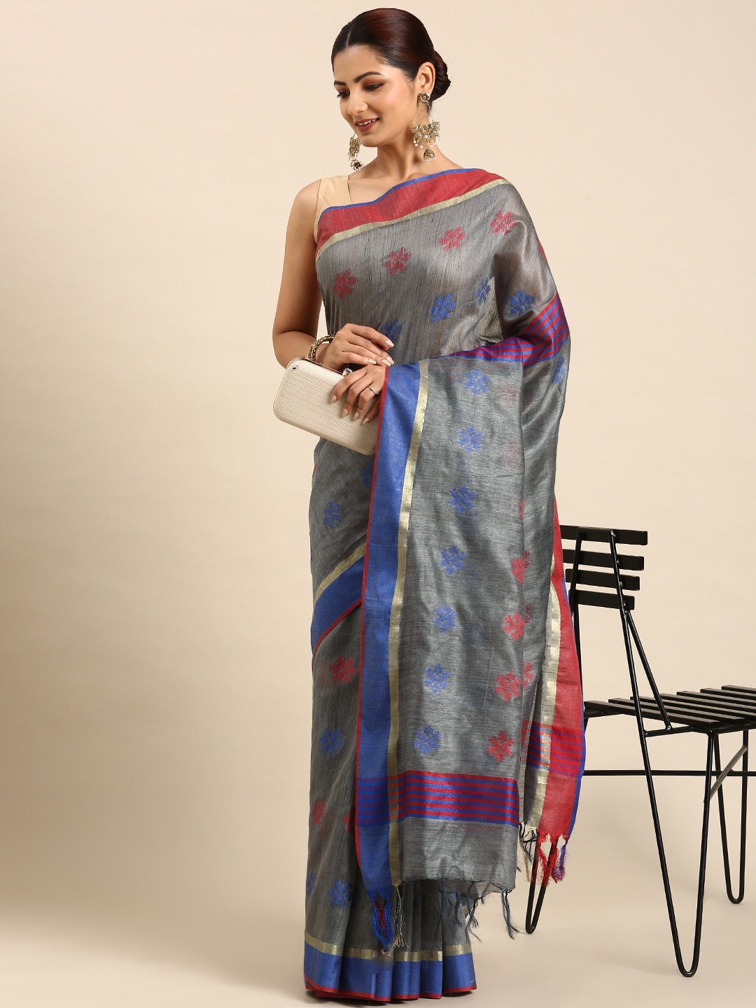 

swatika Woven Design Zari Silk Blend Bhagalpuri Saree, Grey