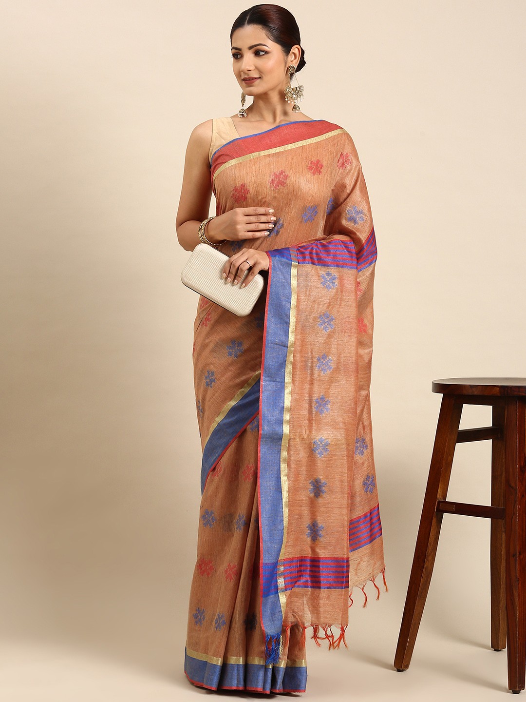 

swatika Woven Design Zari Silk Blend Bhagalpuri Saree, Orange