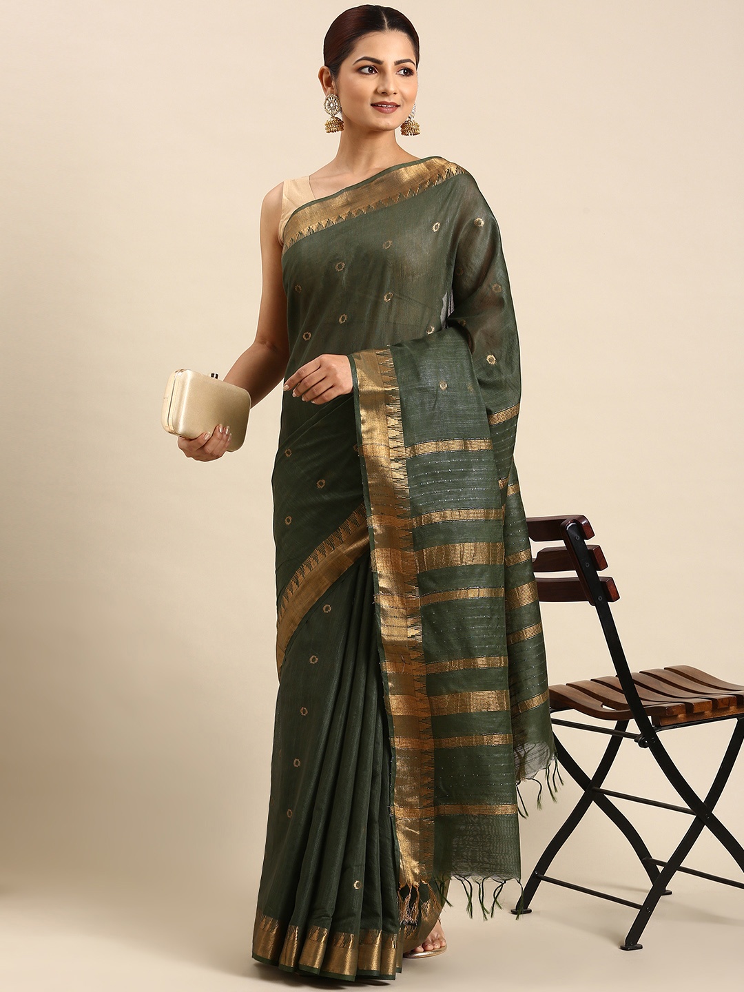 

swatika Woven Design Zari Silk Blend Bhagalpuri Saree, Green