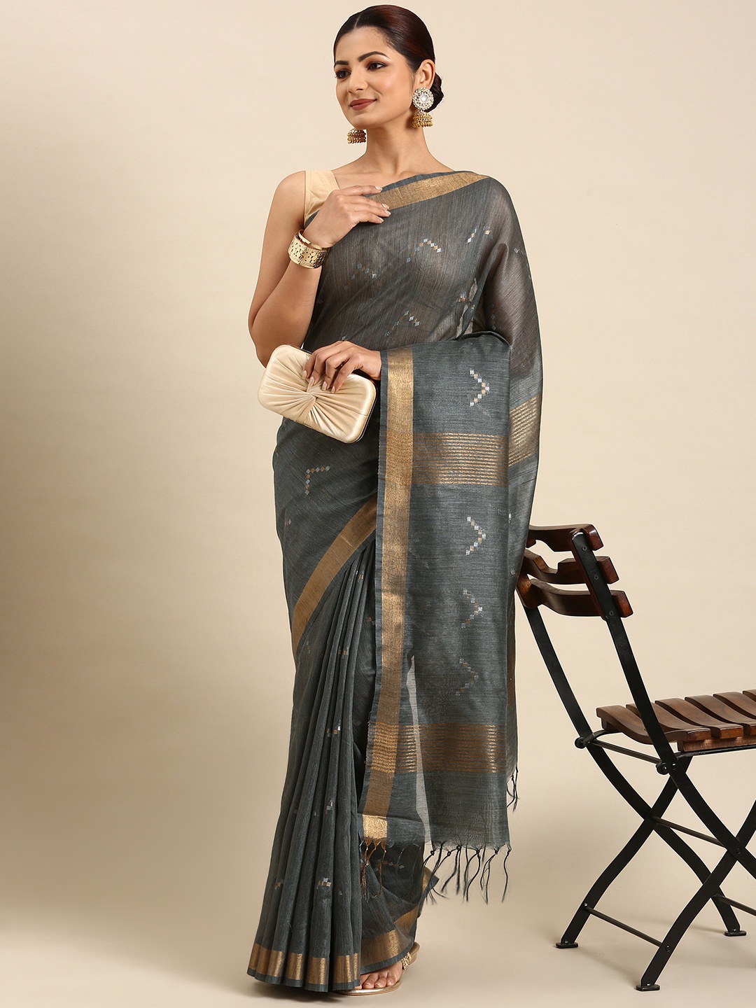 

swatika Woven Design Zari Silk Blend Bhagalpuri Saree, Grey