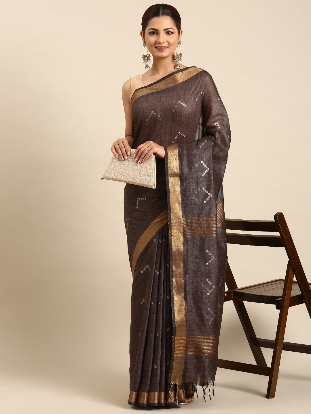 

swatika Woven Design Zari Silk Blend Bhagalpuri Saree, Brown