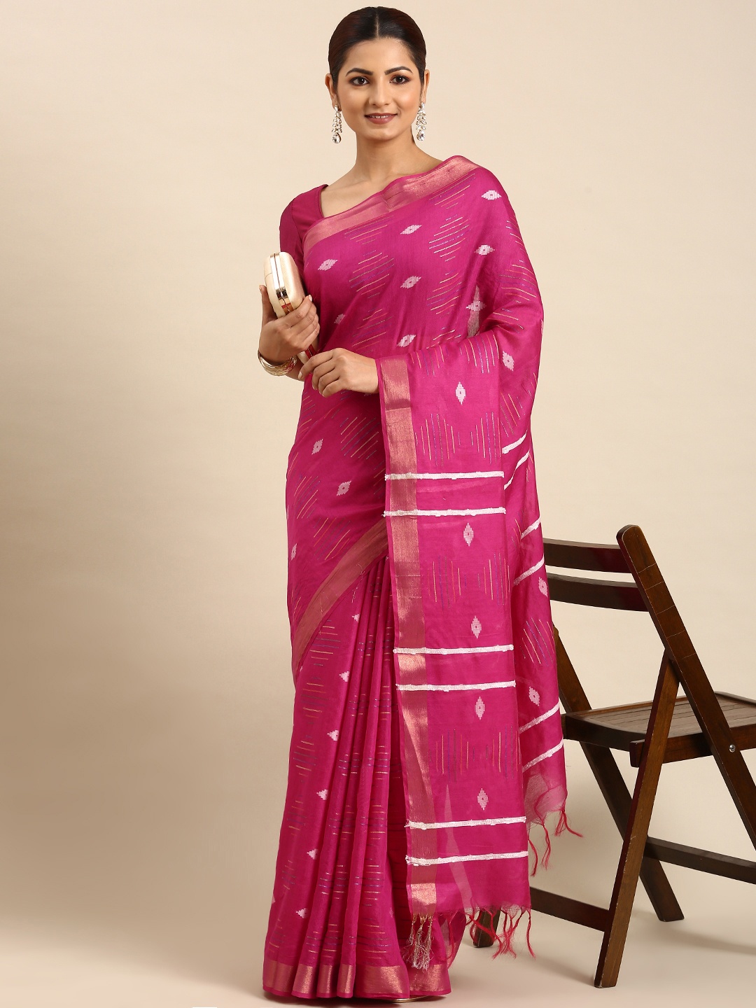 

swatika Woven Design Zari Silk Blend Bhagalpuri Saree, Pink