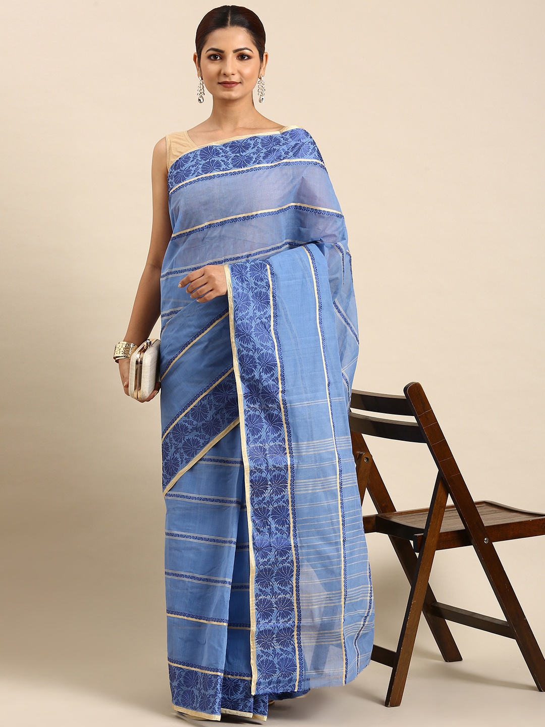 

swatika Woven Design Pure Cotton Taant Saree, Blue
