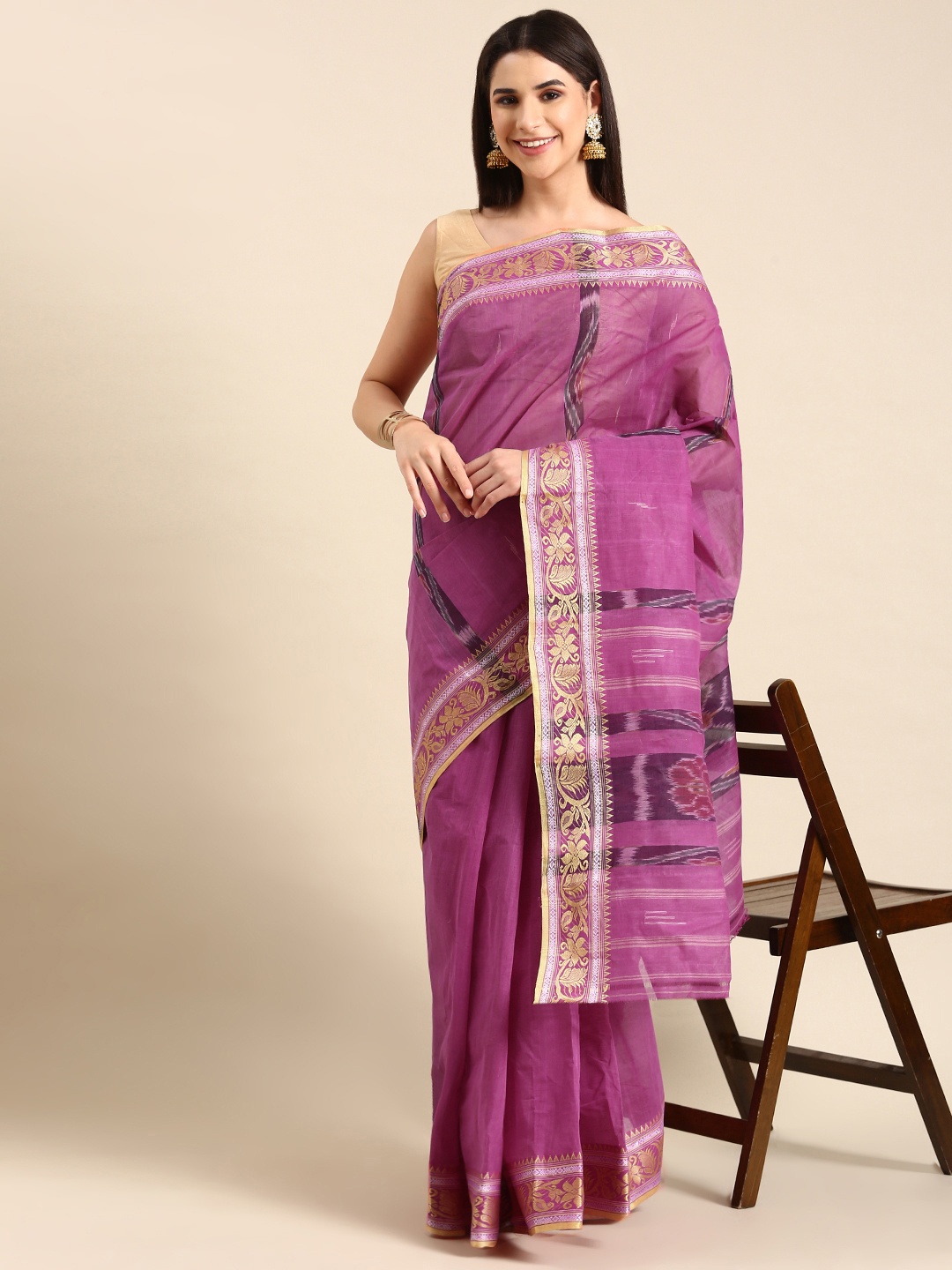 

swatika Woven Design Pure Cotton Taant Saree, Purple