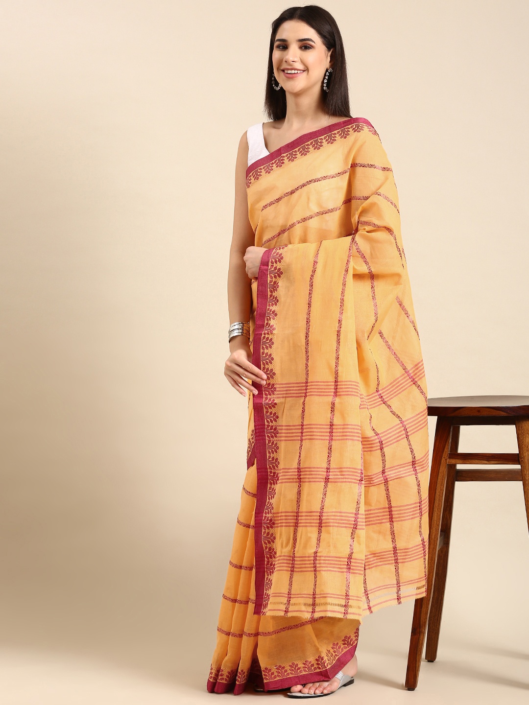 

swatika Woven Design Pure Cotton Taant Saree, Orange