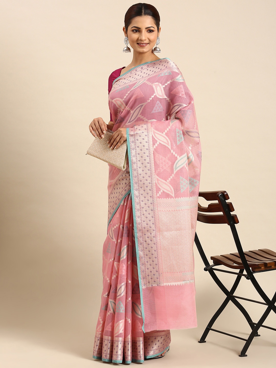 

swatika Woven Design Zari Silk Blend Banarasi Saree, Peach