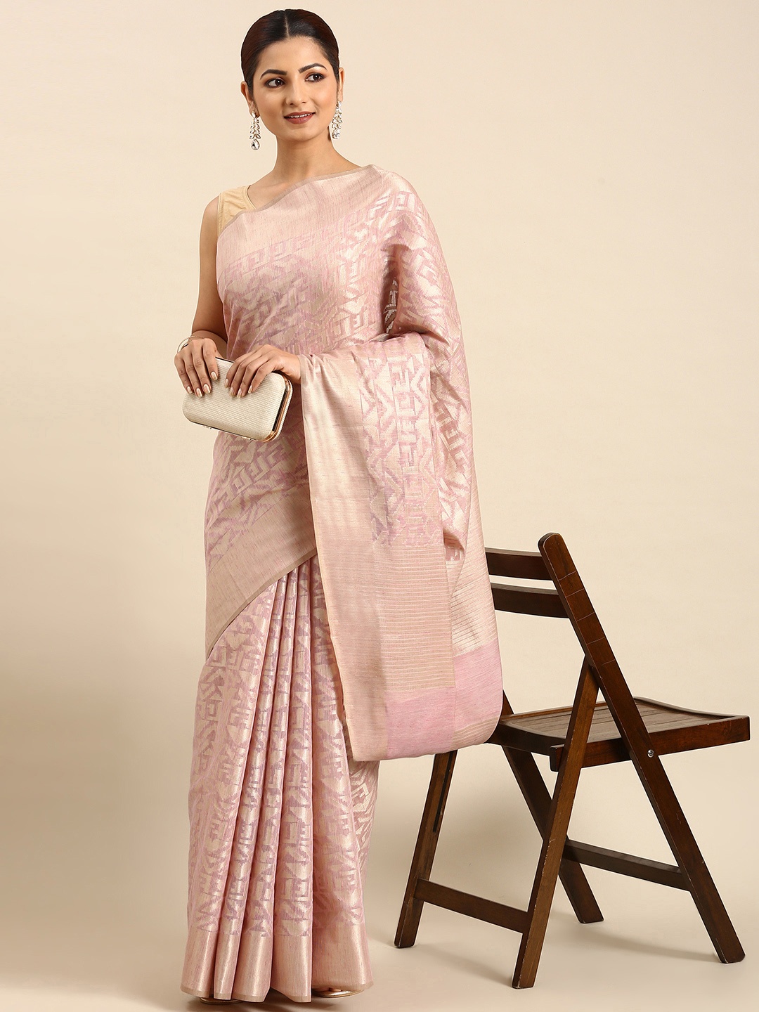 

swatika Woven Design Zari Silk Blend Banarasi Saree, Pink