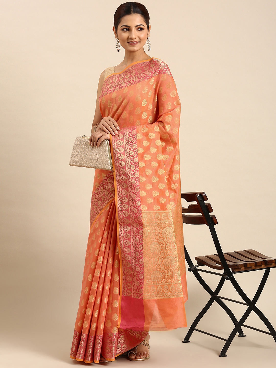 

swatika Woven Design Zari Silk Blend Banarasi Saree, Orange