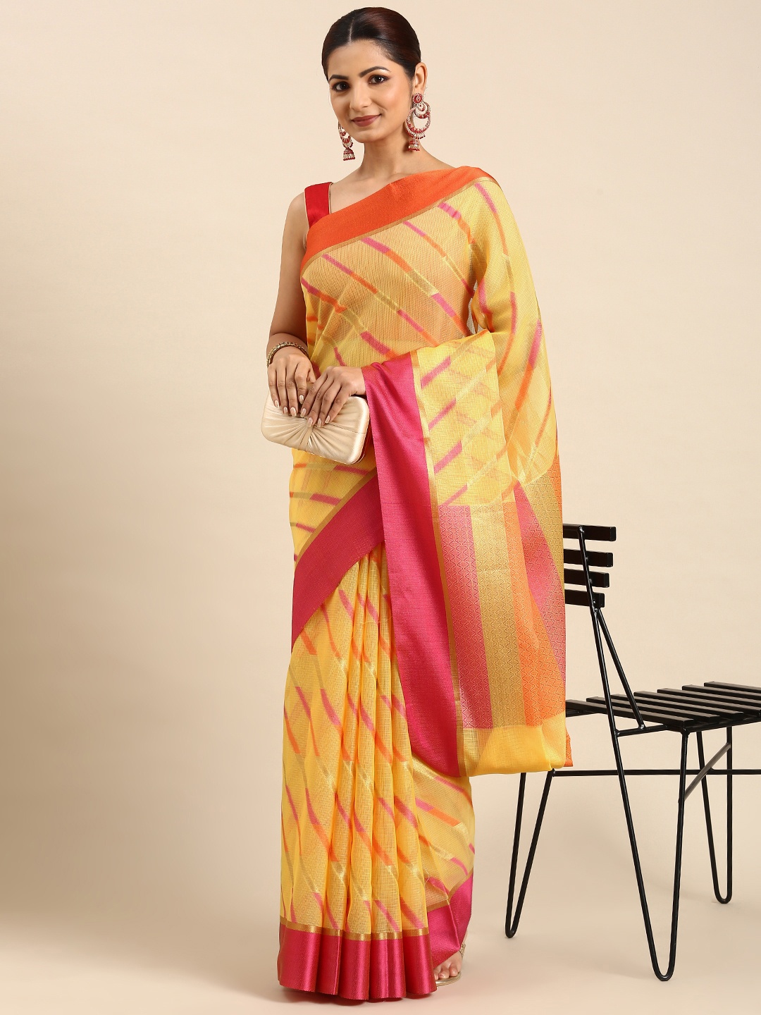 

swatika Woven Design Zari Silk Blend Banarasi Saree, Yellow