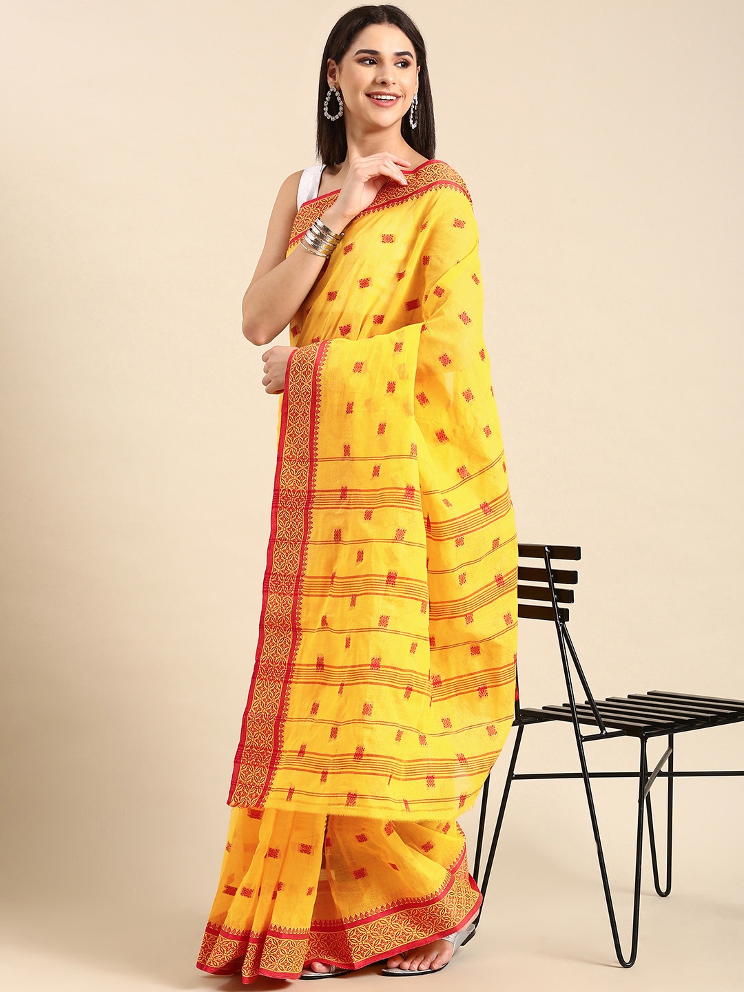 

swatika Woven Design Pure Cotton Taant Saree, Yellow