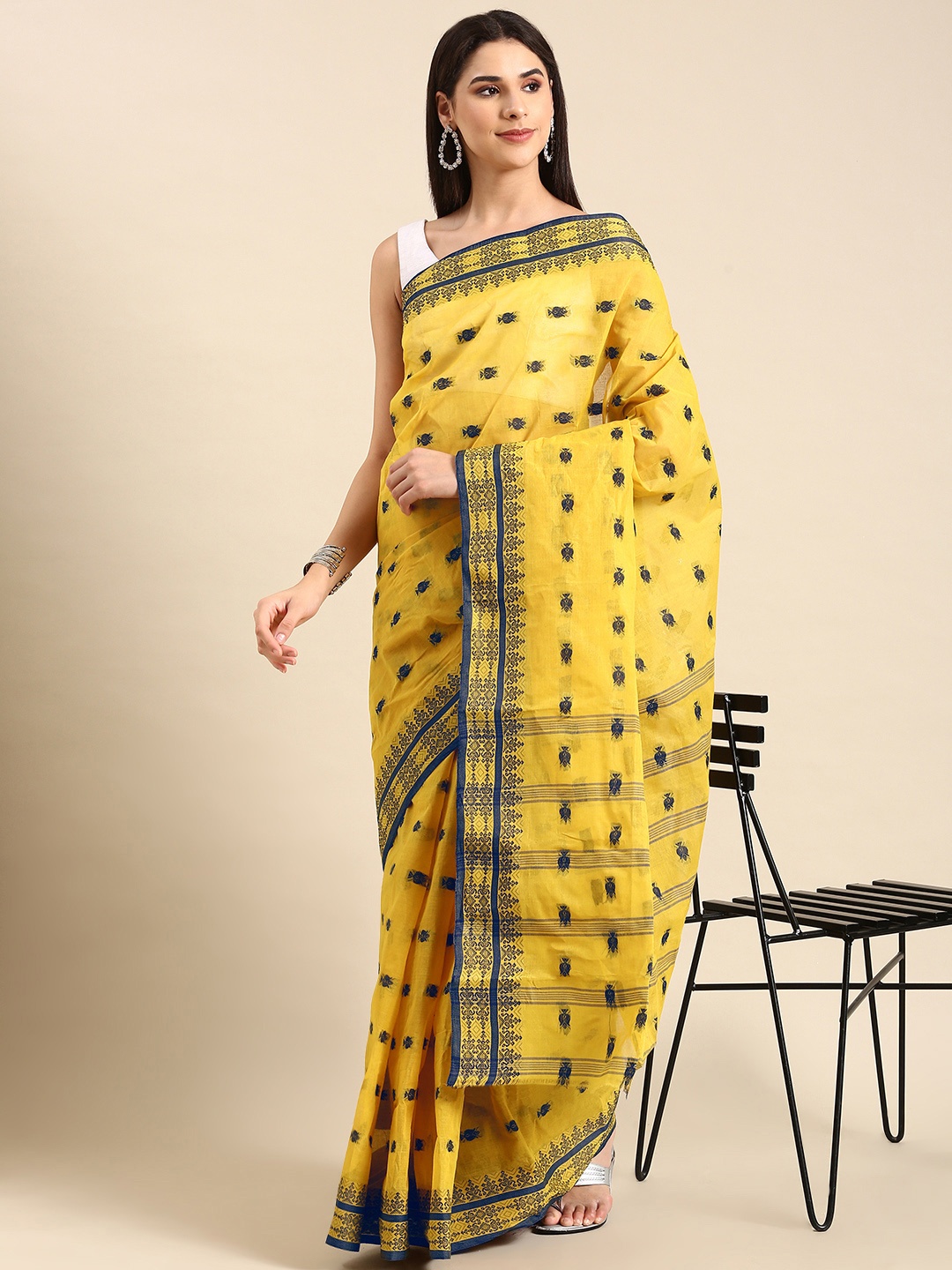 

swatika Woven Design Pure Cotton Taant Saree, Yellow