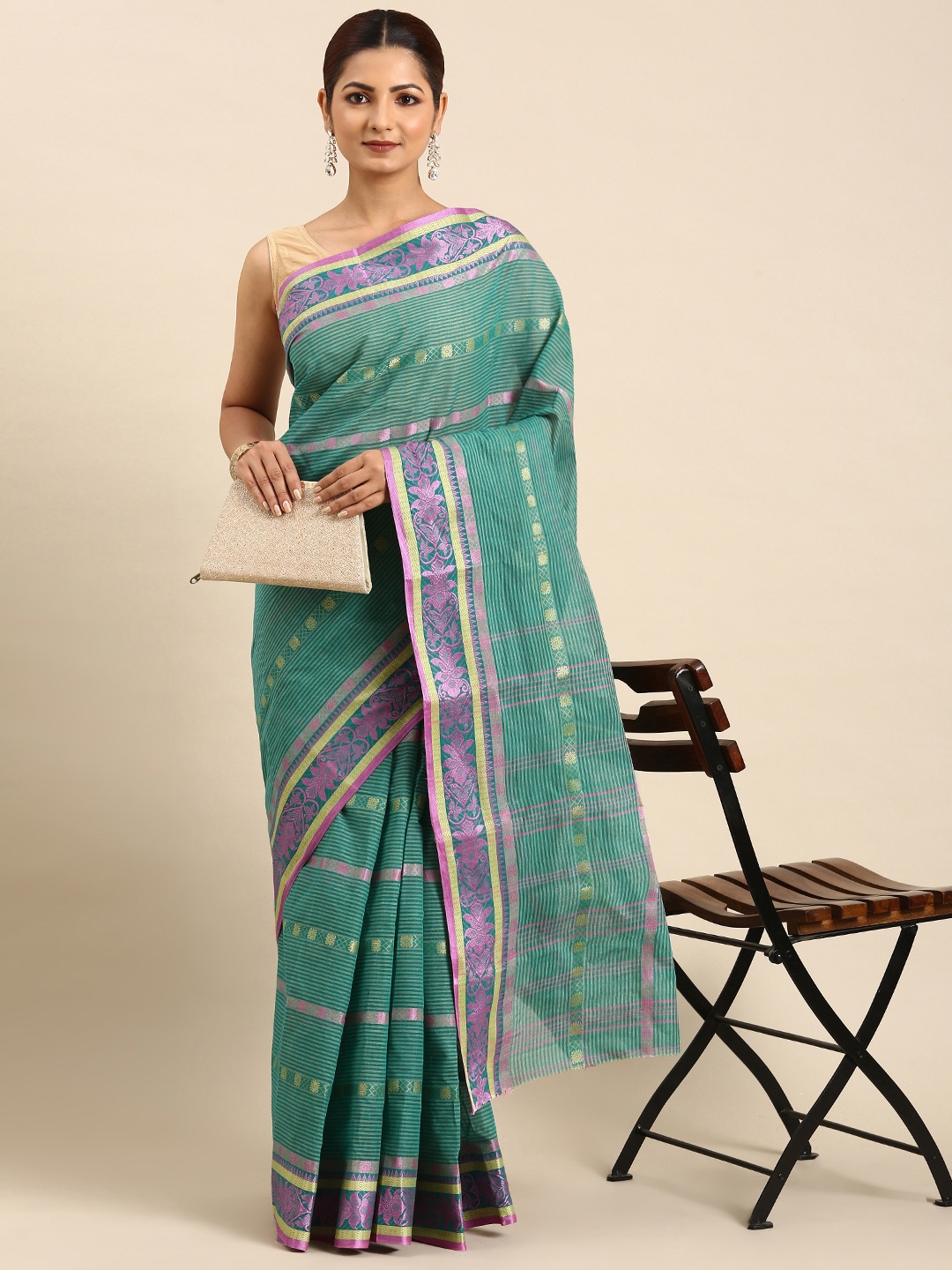 

swatika Woven Design Pure Cotton Taant Saree, Green