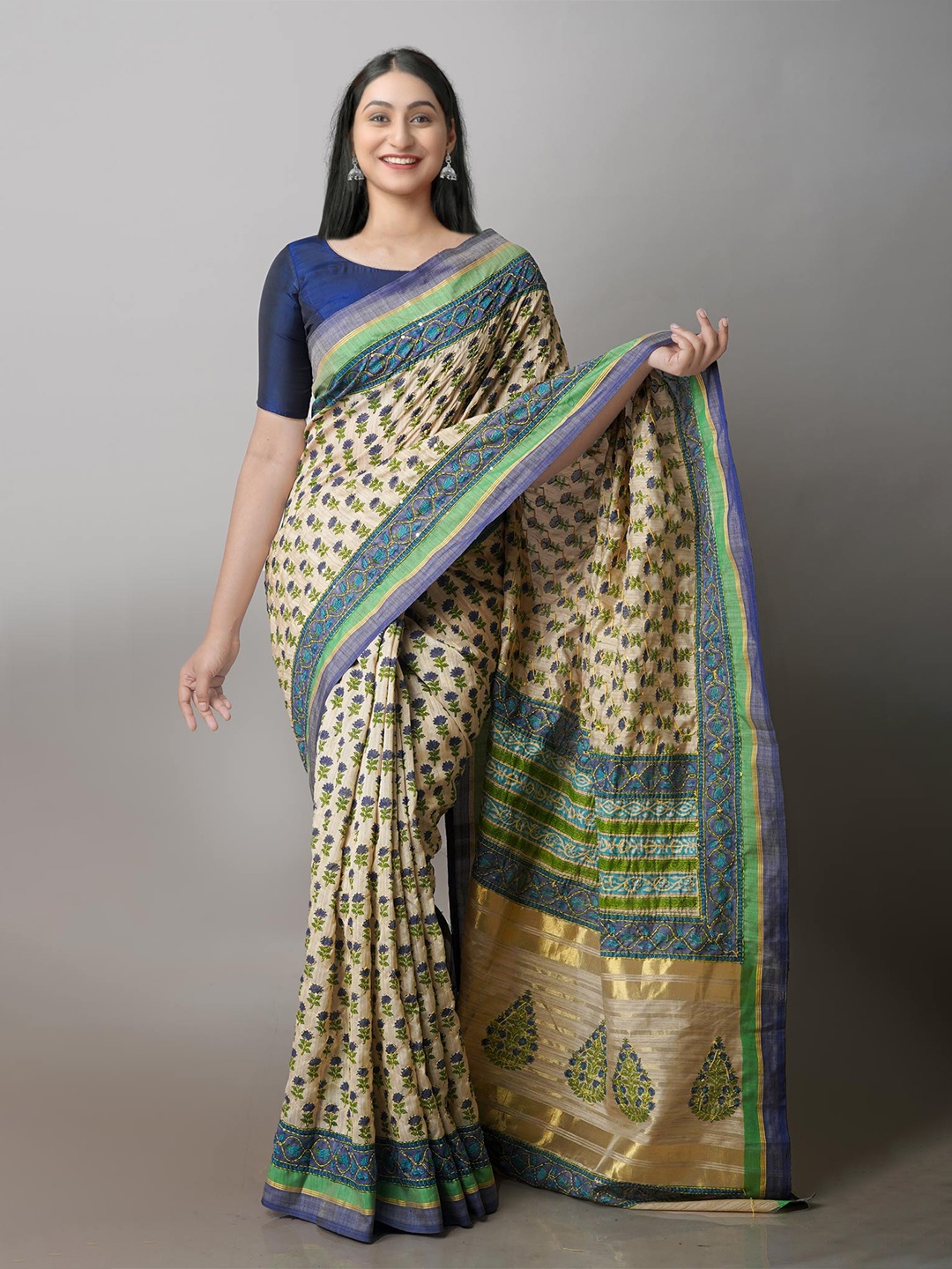 

Unnati Silks Ethnic Motifs Printed Kantha Work Tussar Saree, Cream