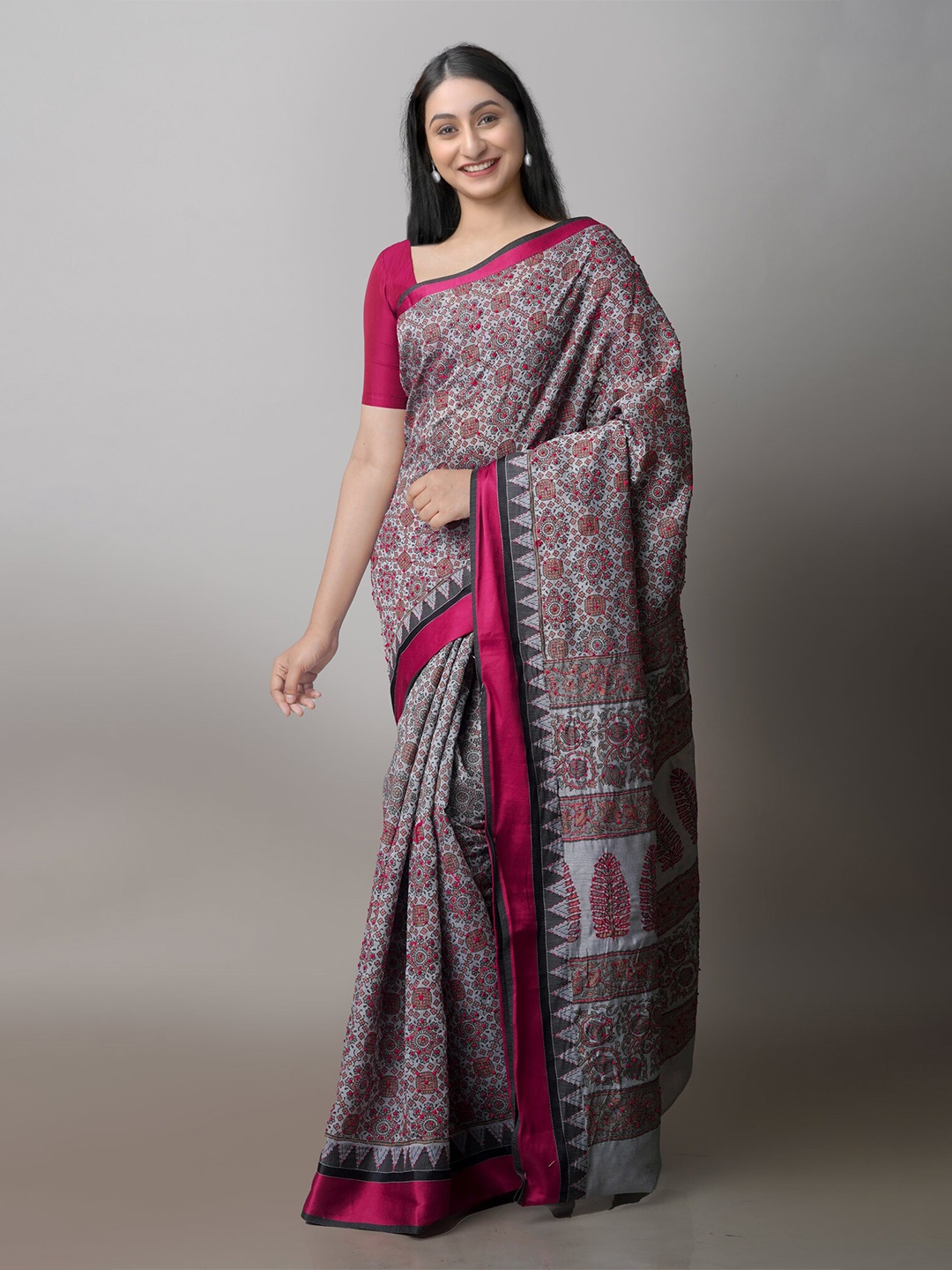 

Unnati Silks Ethnic Motifs Printed Zari Silk Cotton Chanderi Saree, Grey