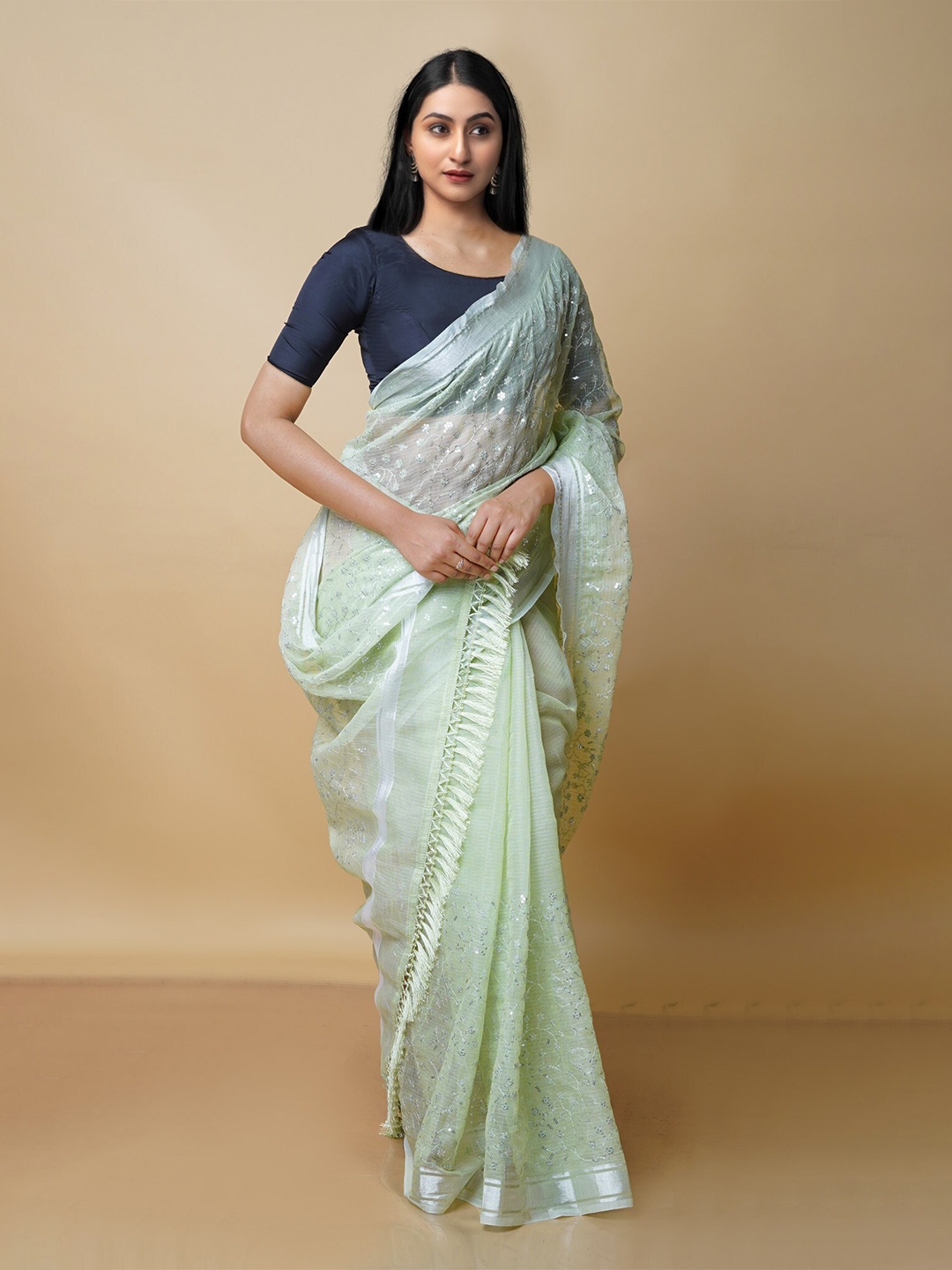 

Unnati Silks Embellished Sequinned Pure Cotton Kota Saree, Green