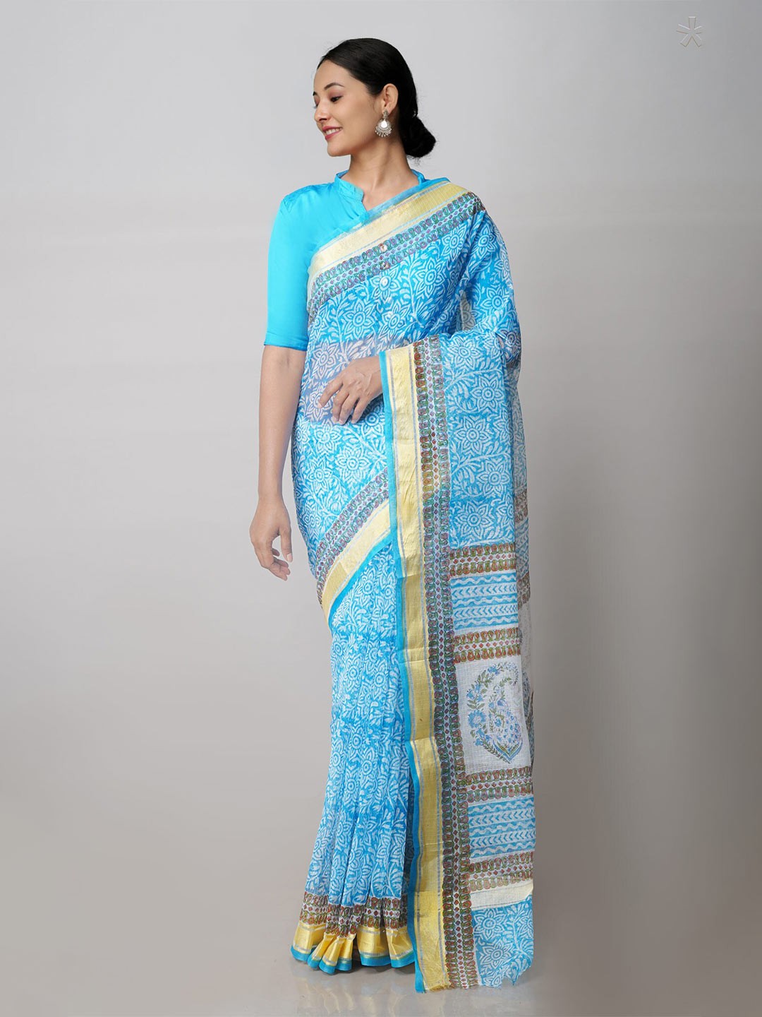 

Unnati Silks thnic Motifs Printed Zari Pure Cotton Kota Saree, Blue