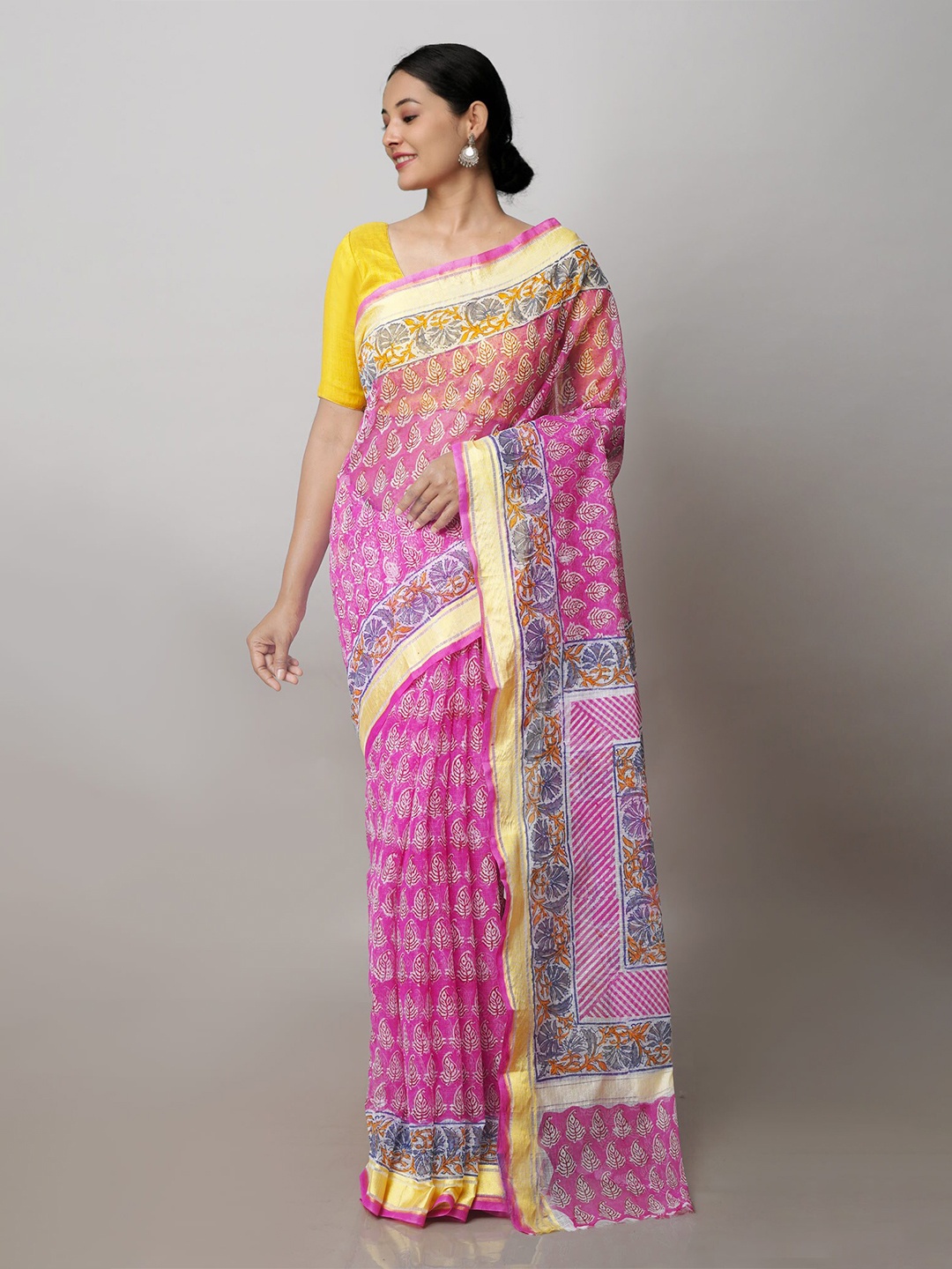 

Unnati Silks Ethnic Motifs Printed Handloom Zari Pure Cotton Kota Saree, Pink