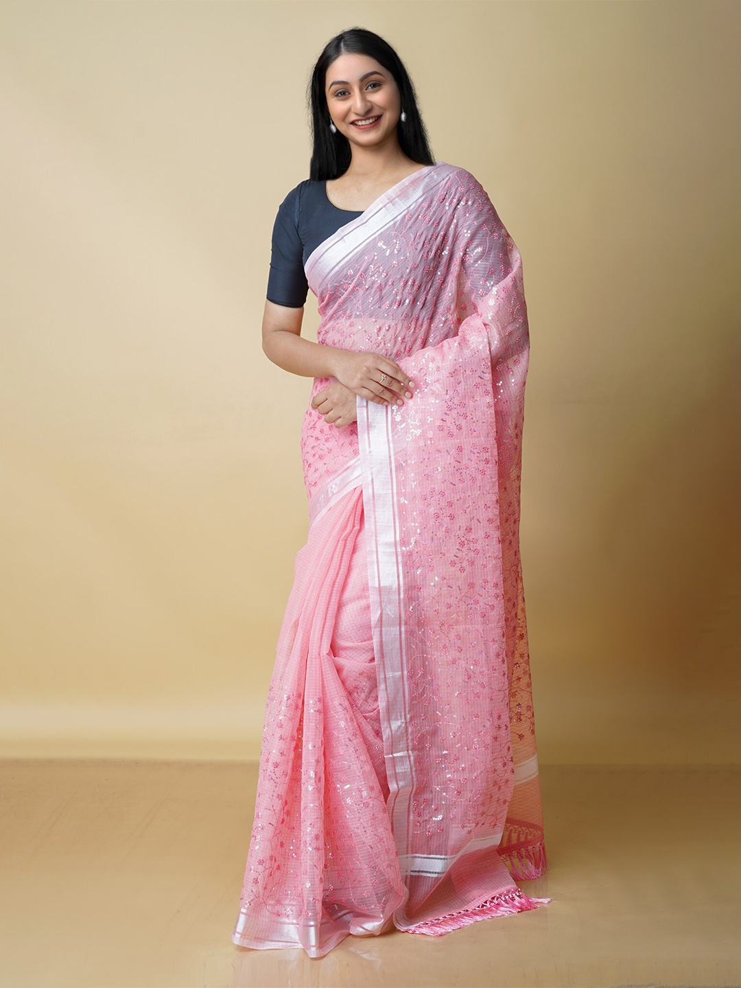 

Unnati Silks Peach-Coloured & Silver-Toned Embellished Zari Pure Cotton Kota Saree