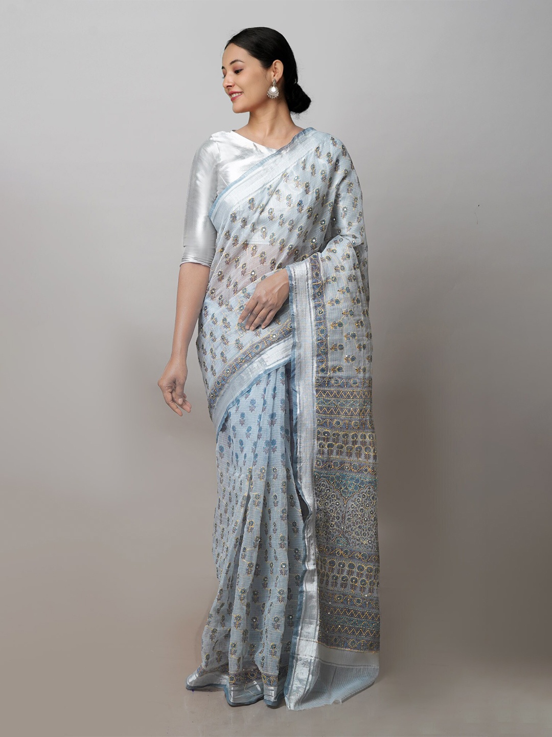 

Unnati Silks Ethnic Motifs Printed Handloom Zari Silk Cotton Kota Saree, Grey