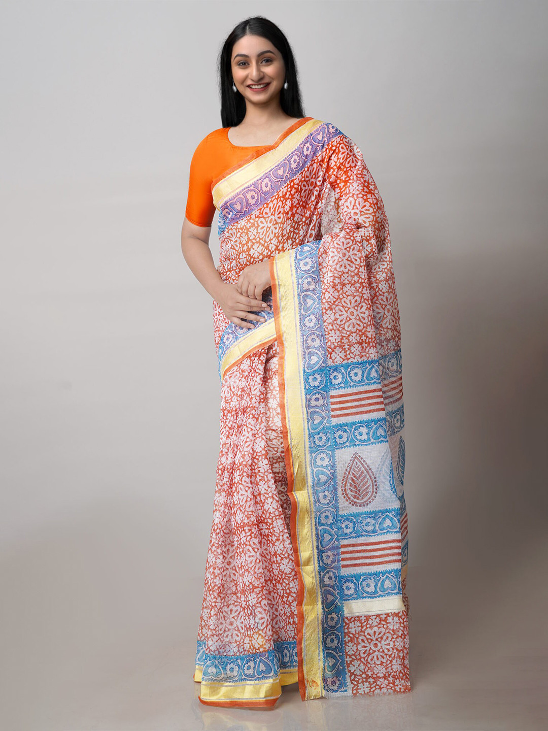 

Unnati Silks Ethnic Motifs Printed Zari Pure Cotton Kota Saree, Orange