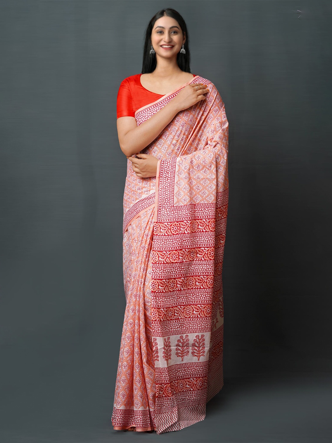 

Unnati Silks Ethnic Motifs Printed Pure Cotton Block Print Saree, Peach