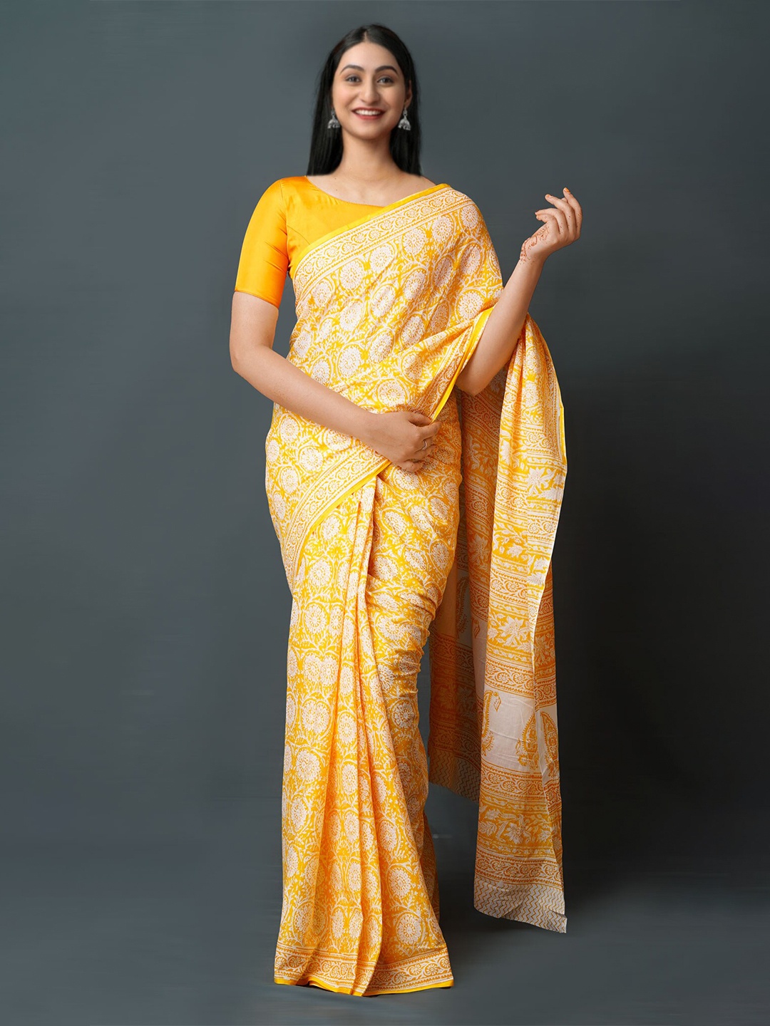 

Unnati Silks Ethnic Motifs Printed Pure Cotton Block Print Saree, Yellow