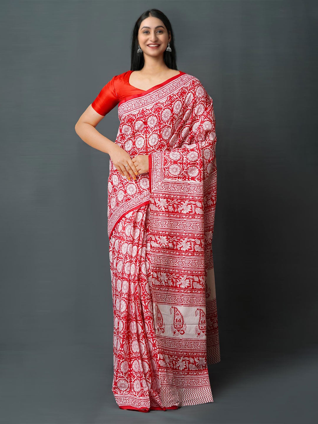 

Unnati Silks Ethnic Motifs Printed Pure Cotton Block Print Saree, Red