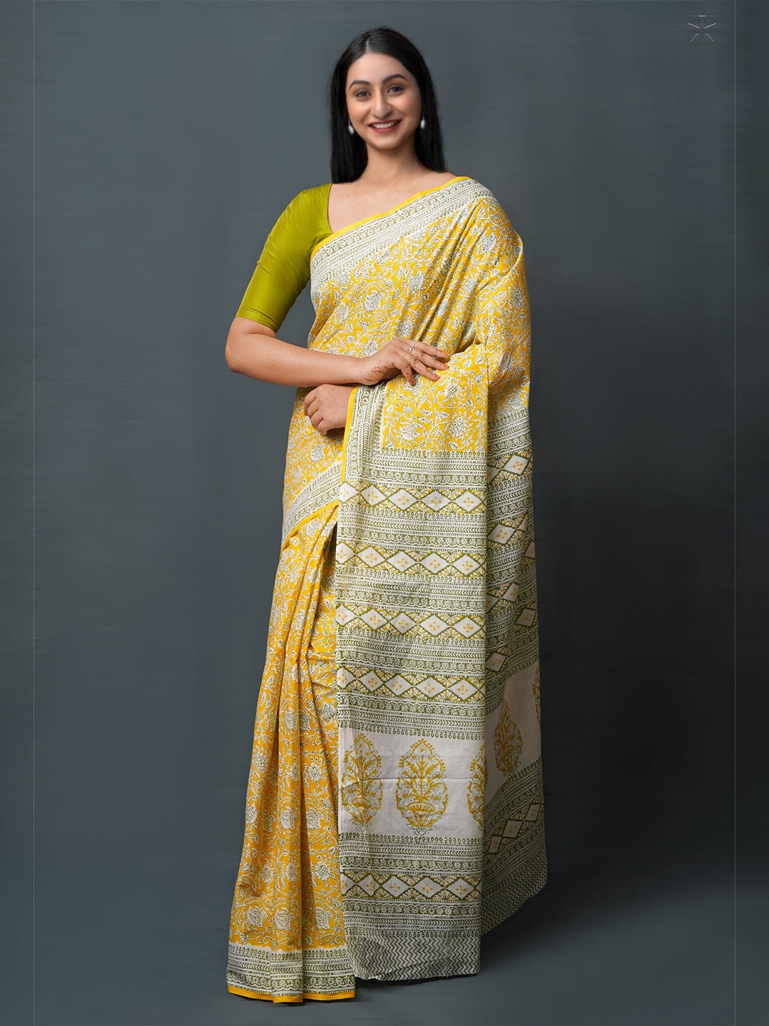 

Unnati Silks Ethnic Motifs Block Printed Pure Cotton Saree, Yellow