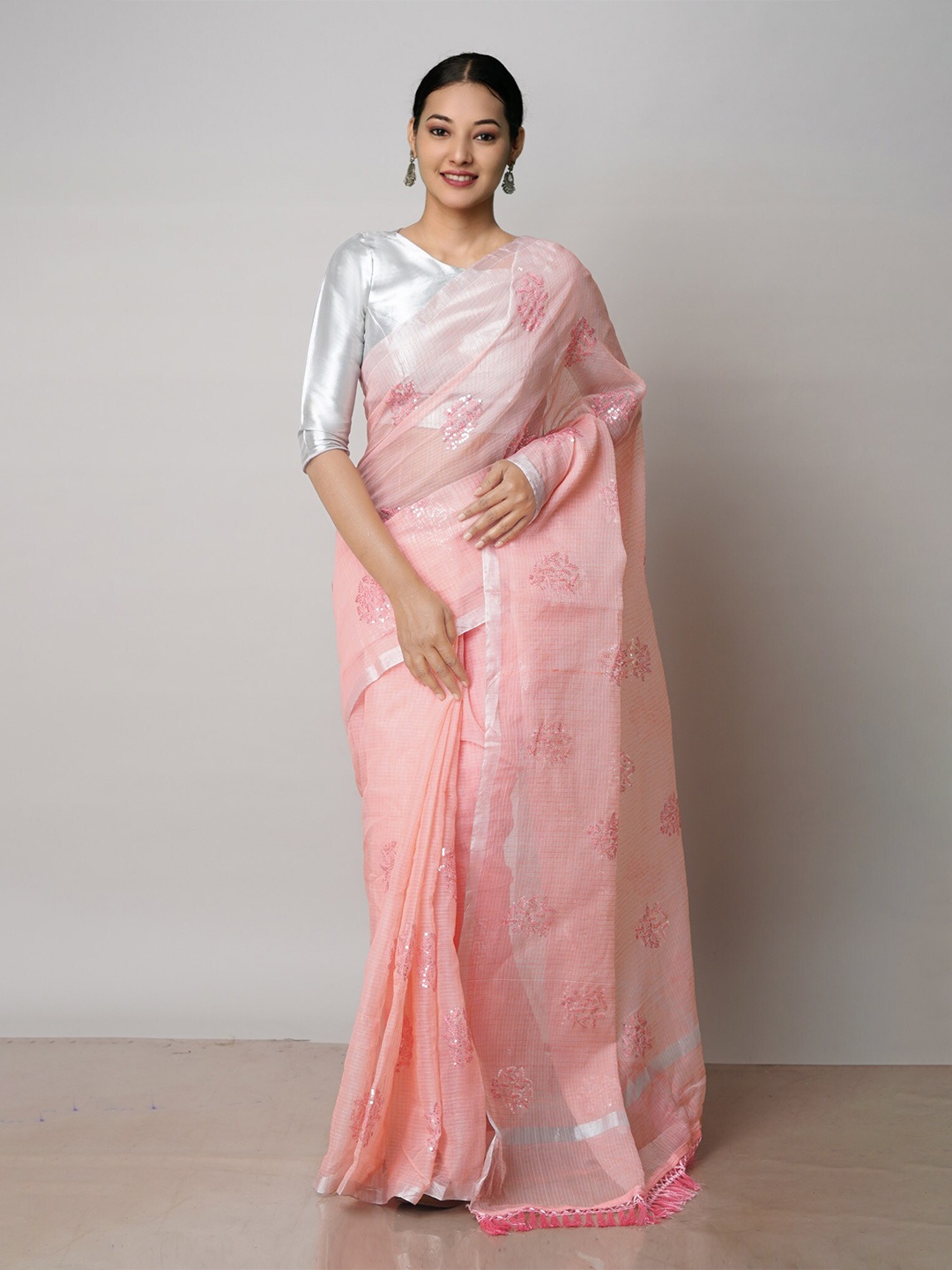 

Unnati Silks Ethnic Motifs Embroidered Handloom Pure Cotton Kota Saree, Peach