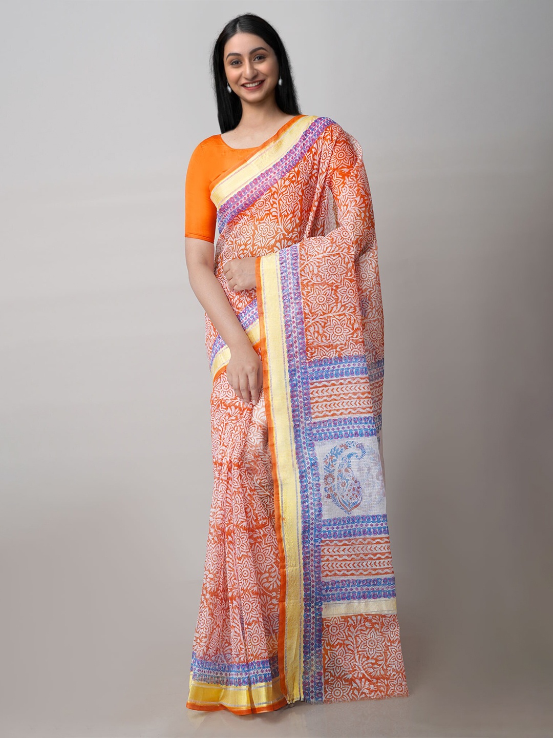 

Unnati Silks Ethnic Motifs Printed Handloom Zari Pure Cotton Kota Saree, Orange