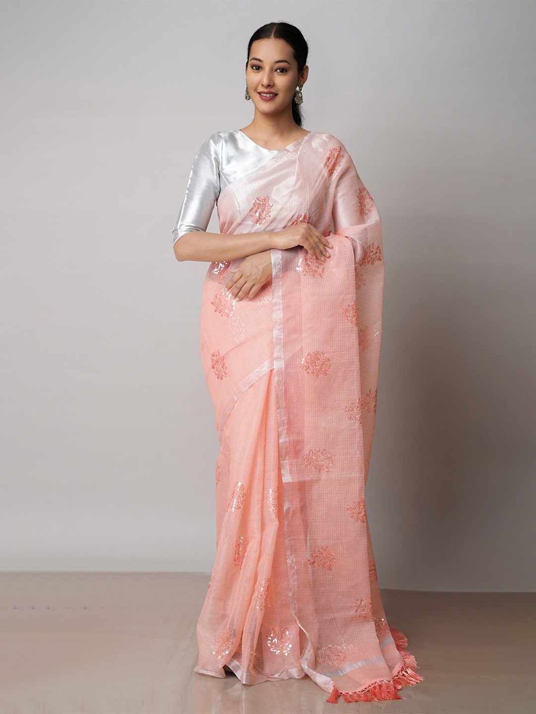 

Unnati Silks Ethnic Motifs Embroidered Pure Cotton Kota Saree, Peach