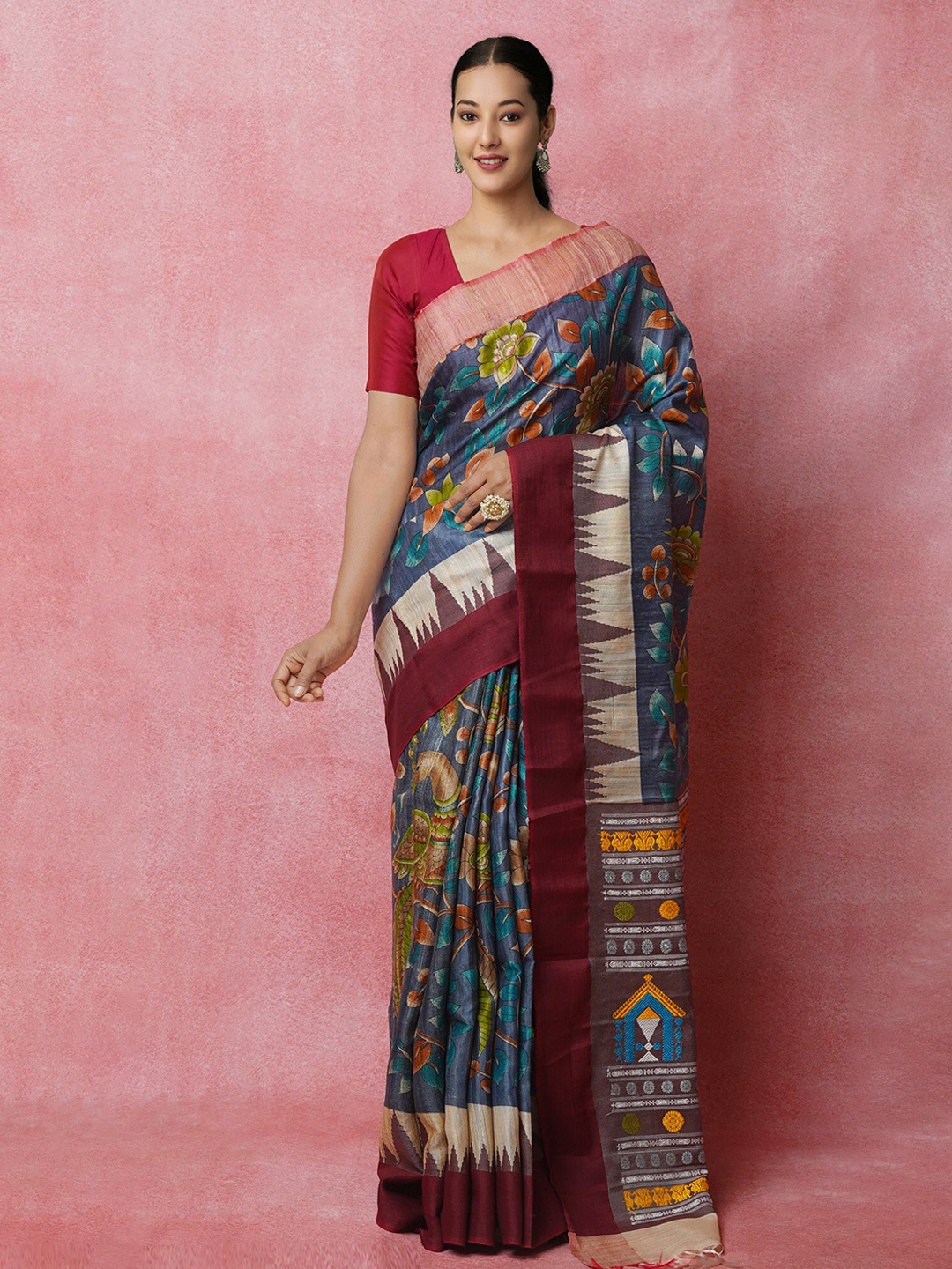 

Unnati Silks Kalamkari Zari Jute Silk Tussar Saree, Grey