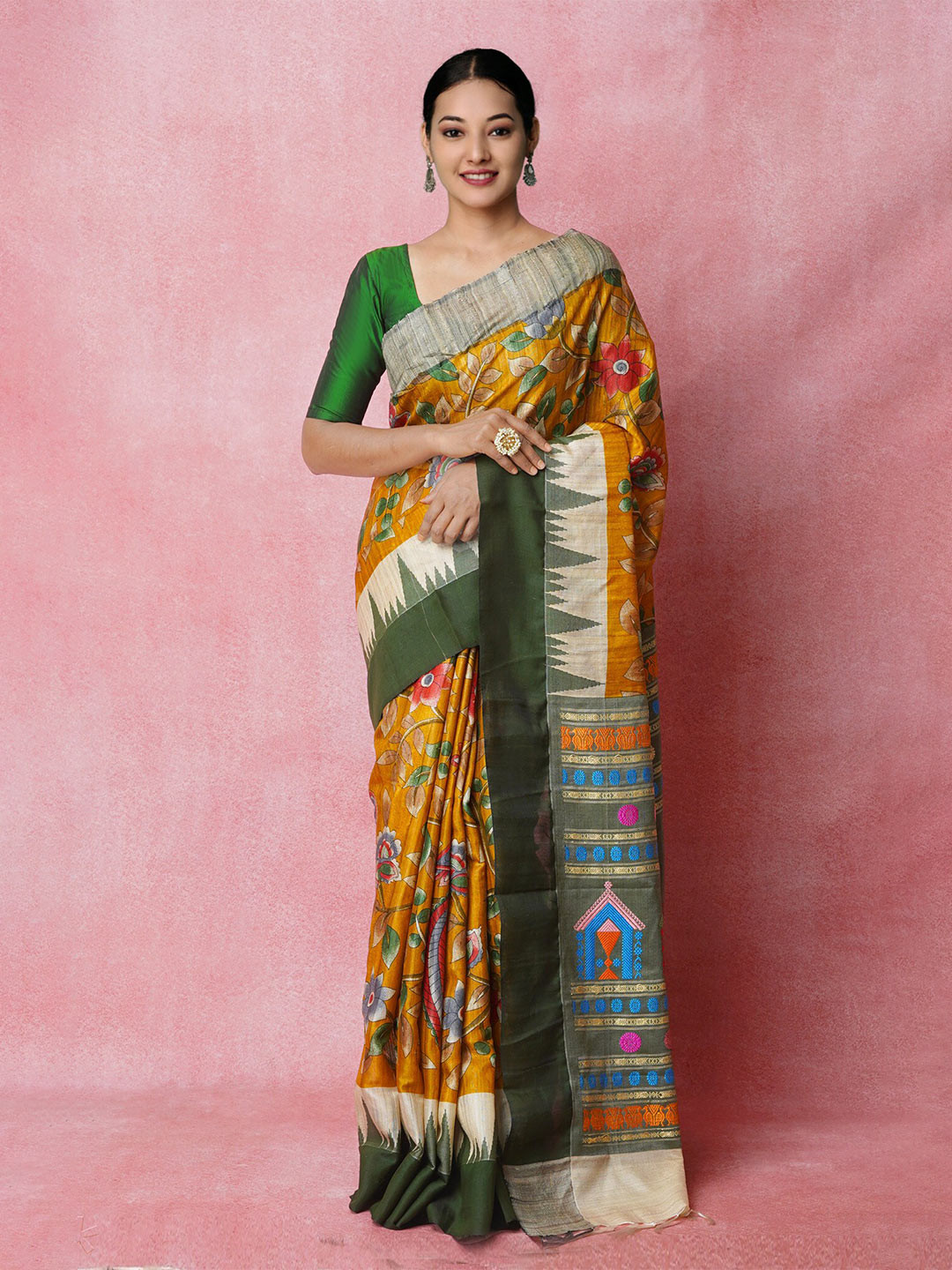 

Unnati Silks Ethnic Motifs Printed Jute Silk Tussar Saree, Yellow