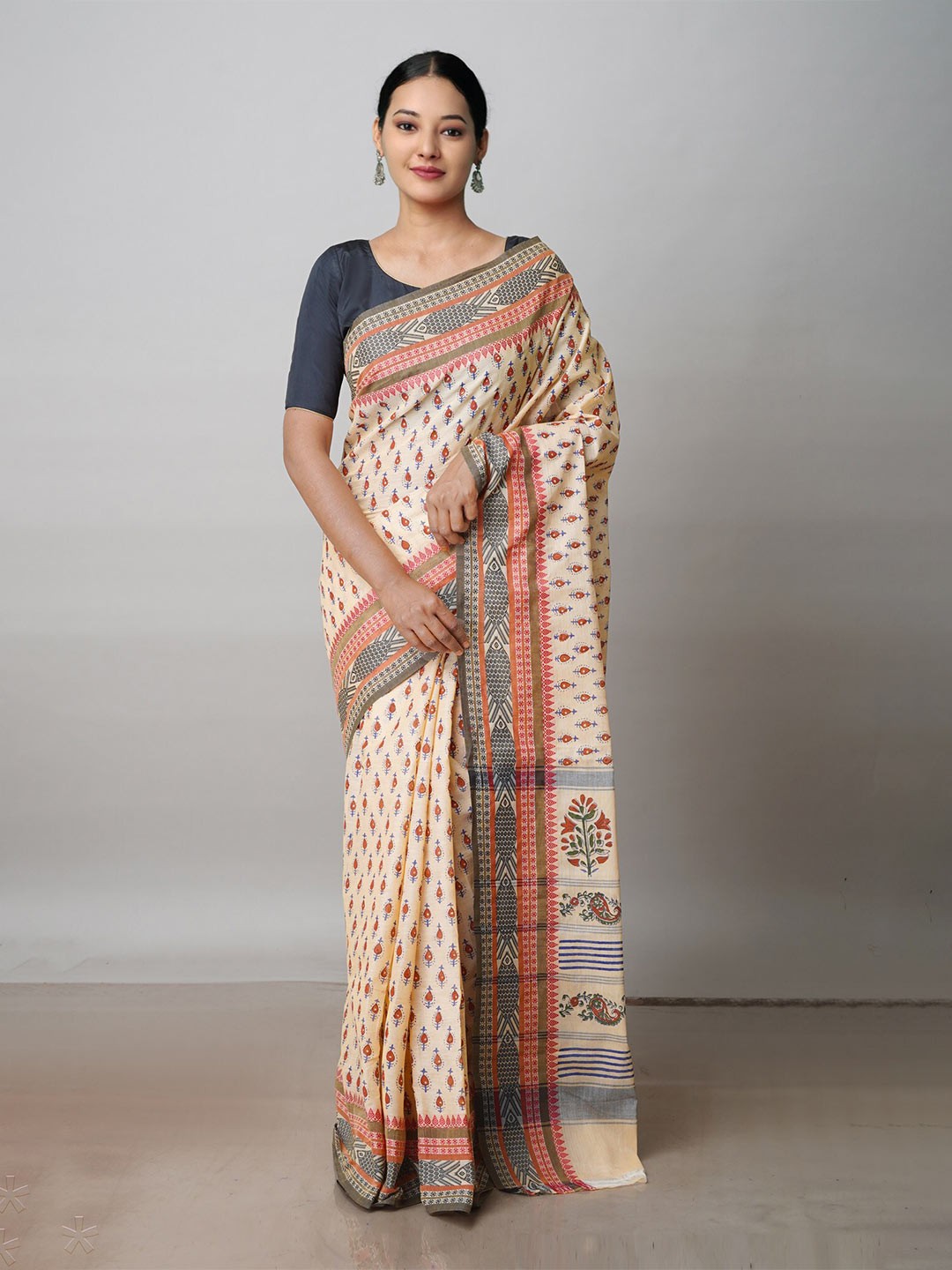 

Unnati Silks Ethnic Motifs Printed Zari Pure Cotton Chettinad Saree, Cream