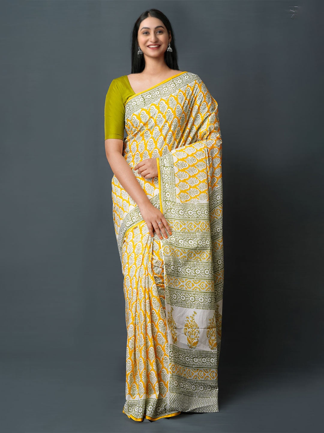 

Unnati Silks Ethnic Motifs Block Printed Pure Cotton Saree, Yellow