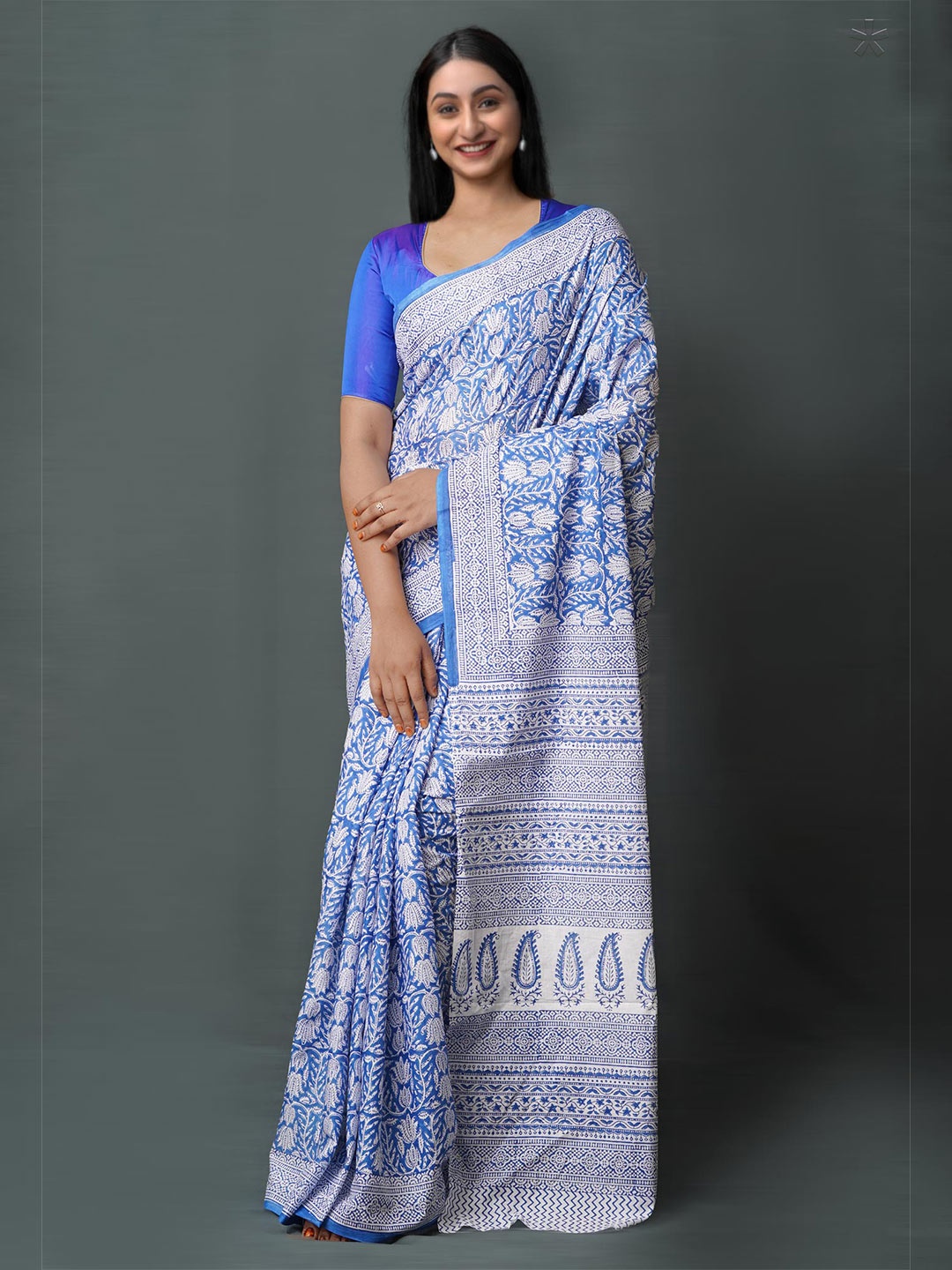 

Unnati Silks Ethnic Motifs Pure Cotton Block Print Saree, Blue